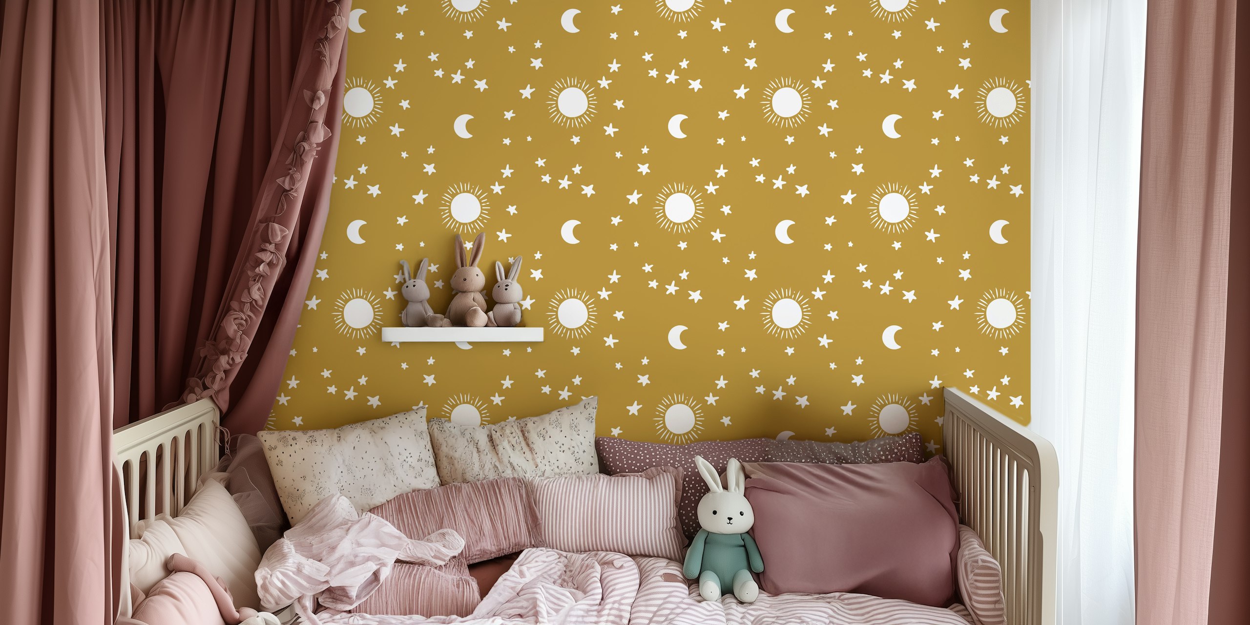 Celestial stars and moons wallpaper en una habitación infantil