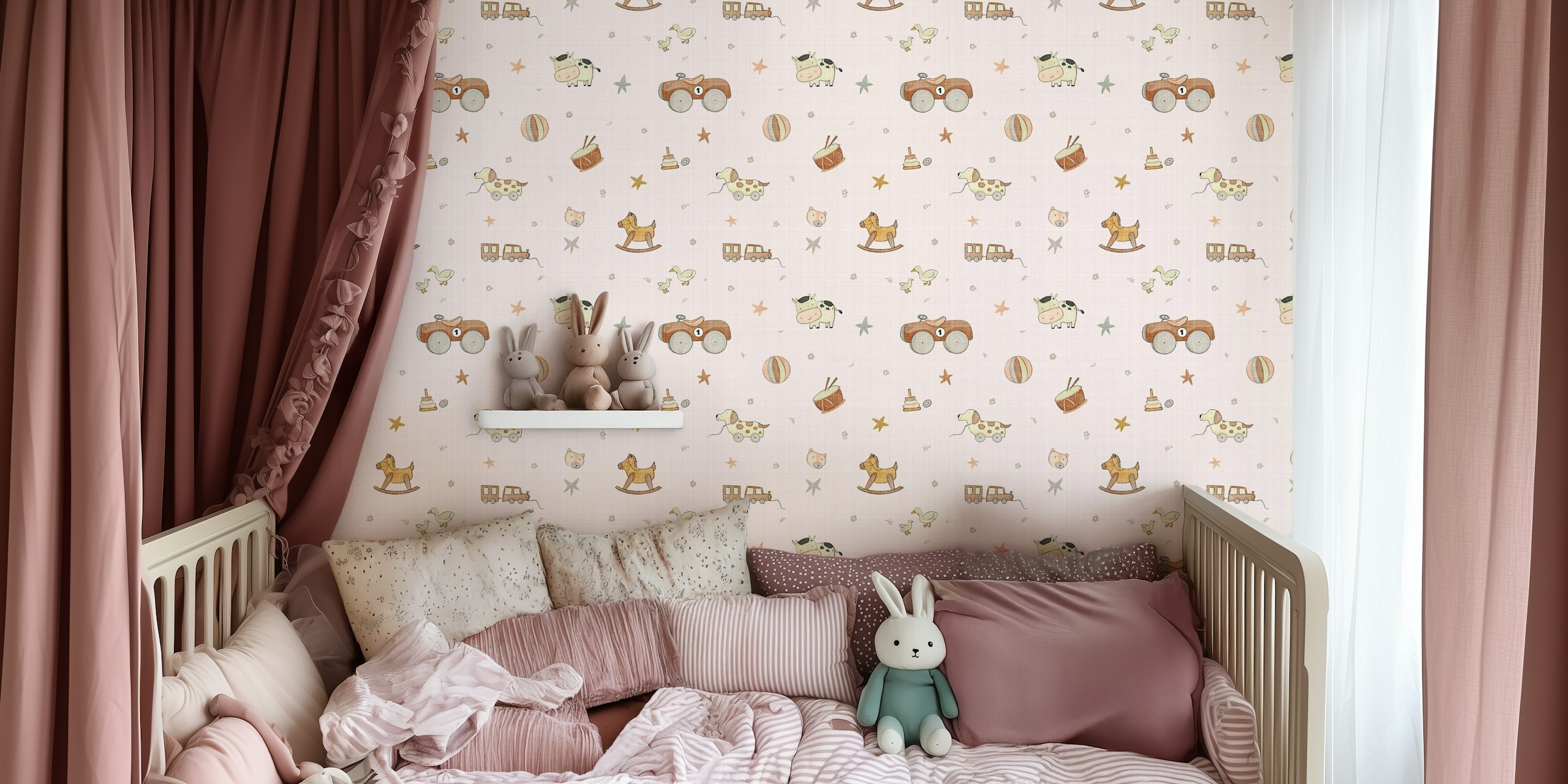 Playful nursery wallpaper with toys and animals