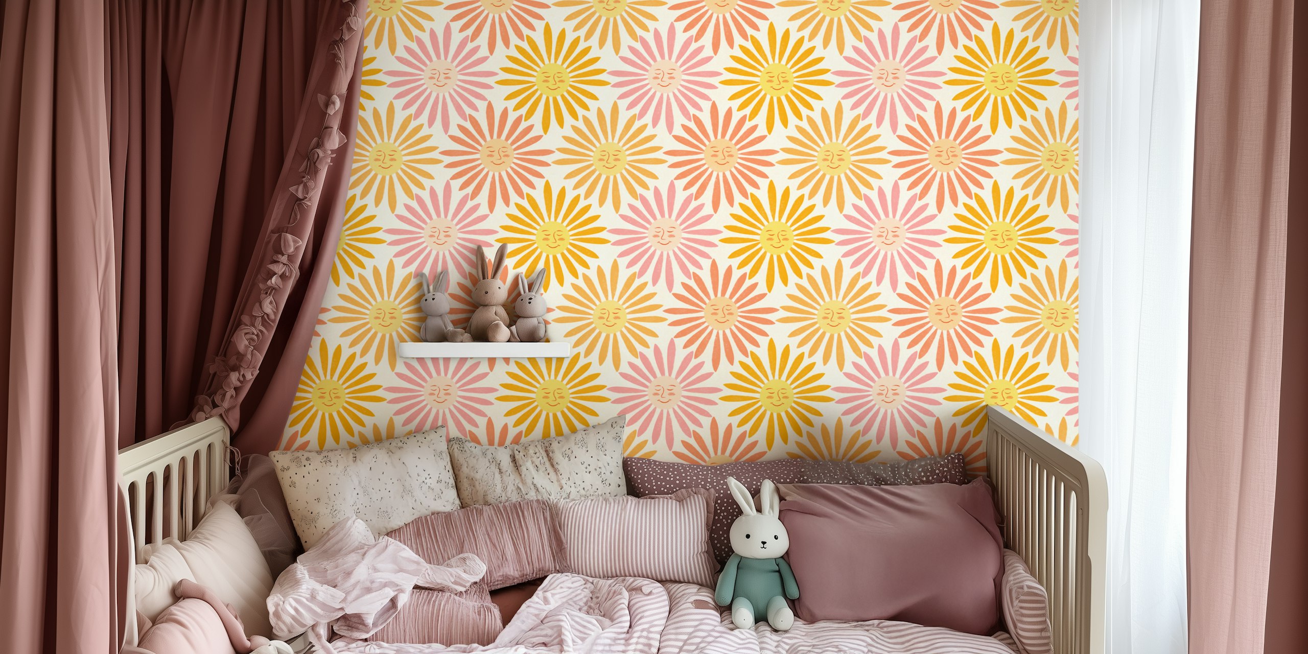 Boho sun faces design in pink and gold colors wallpaper