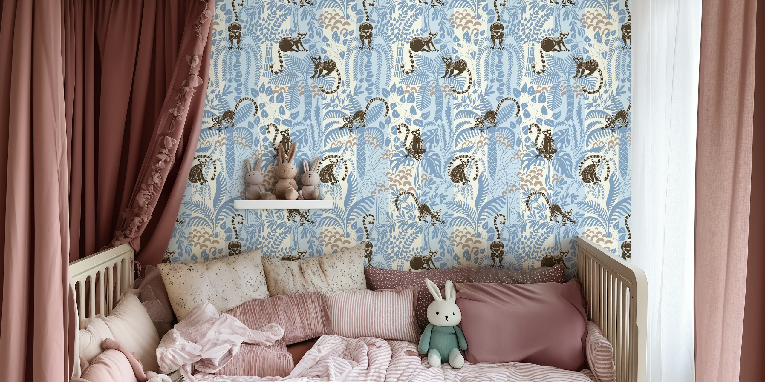 Jungle adventure striped blue wallpaper in a room