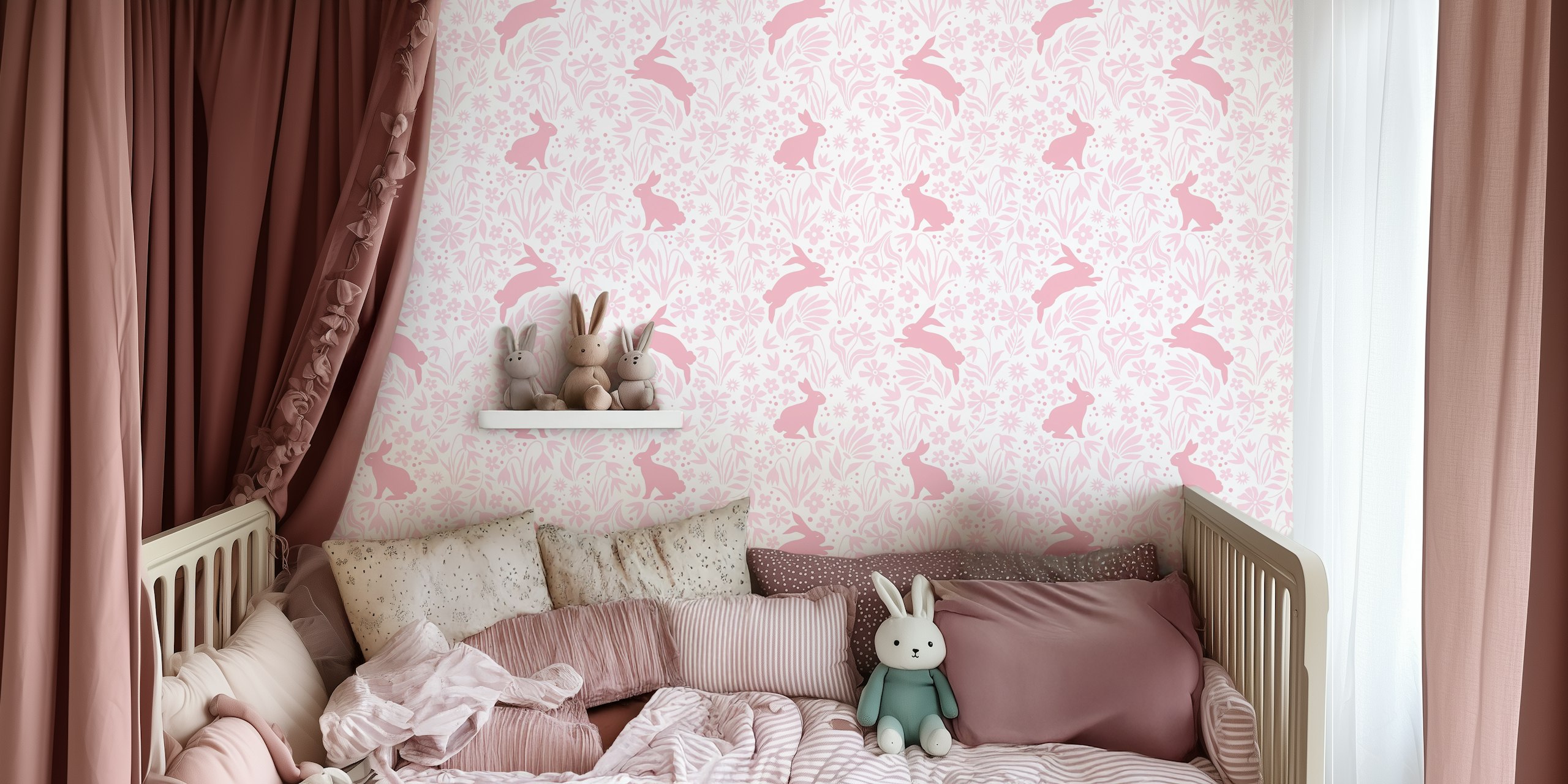 Bunnies and floral silhouettes wallpaper in a room