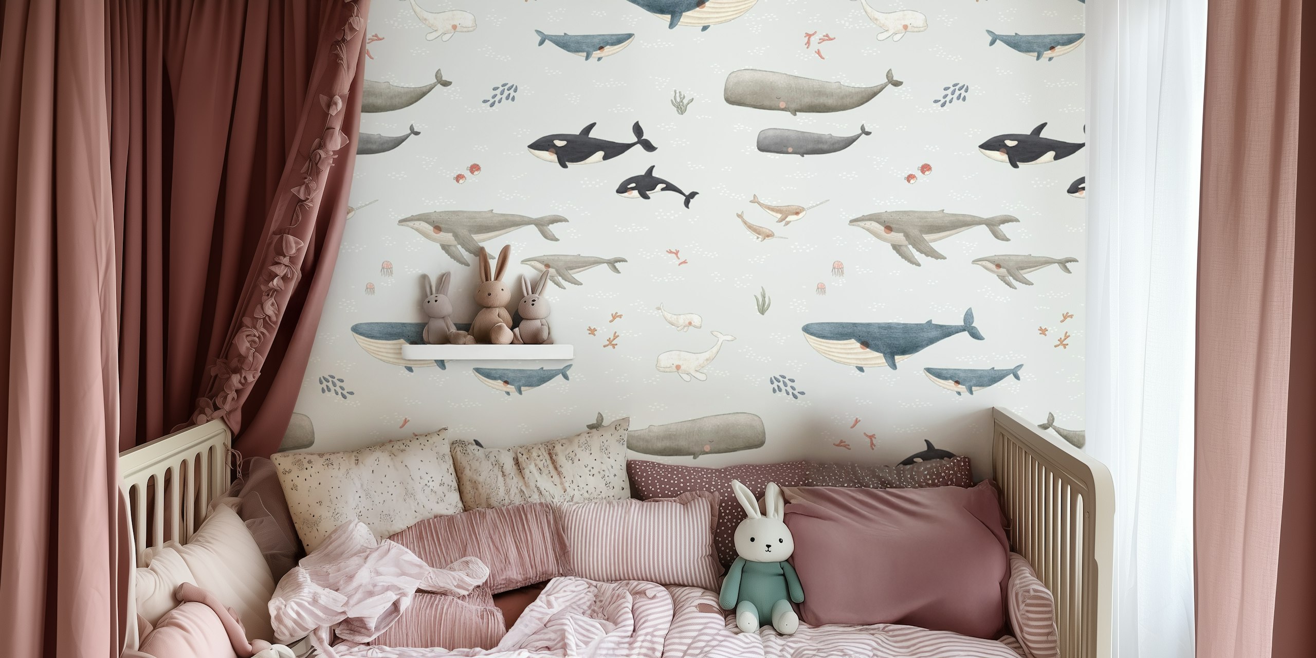 Oceanic whales in various colors swimming on light background wallpaper