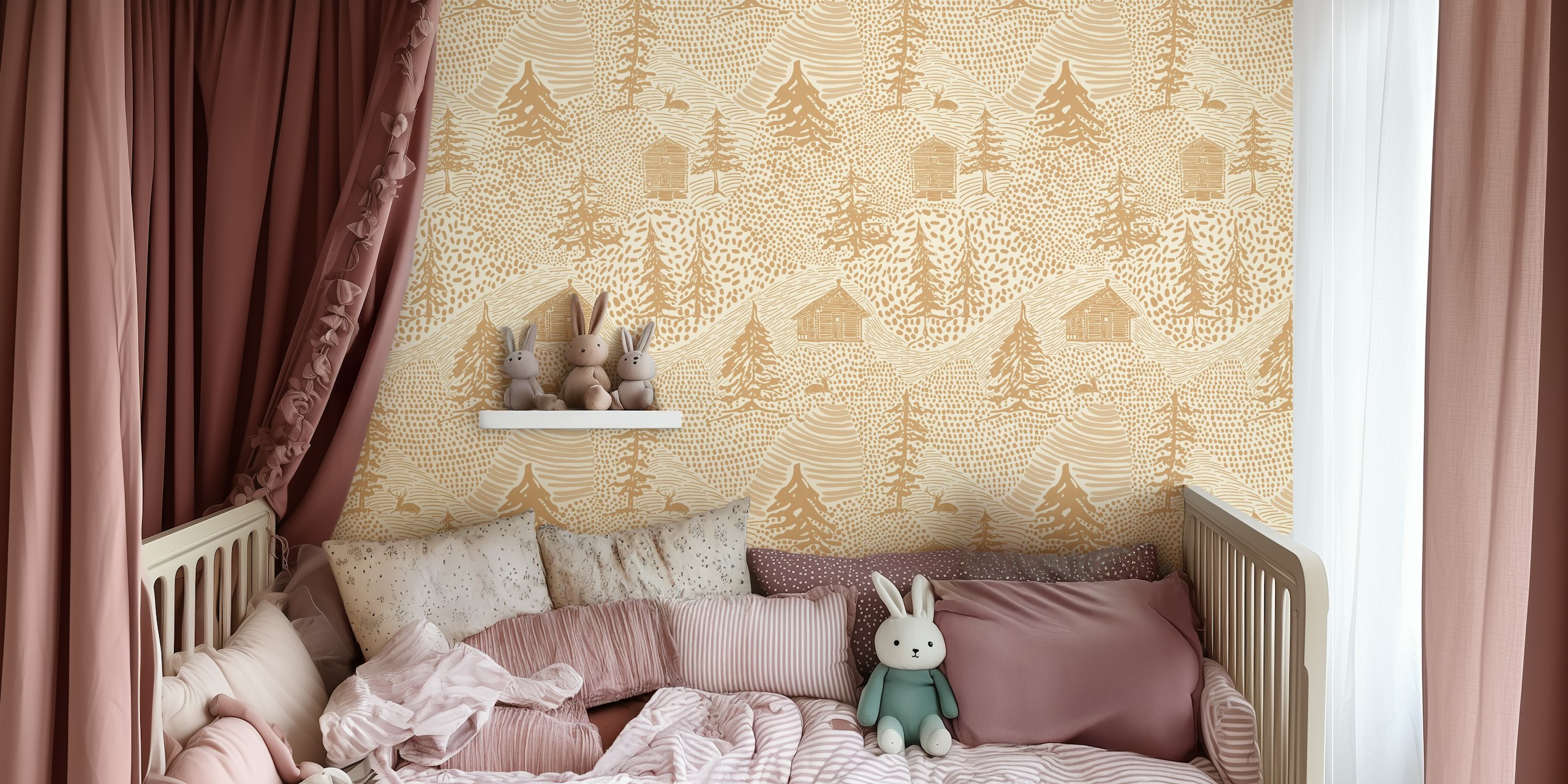 Rustic cabin wallpaper featuring trees and cabins in earthy tan colors