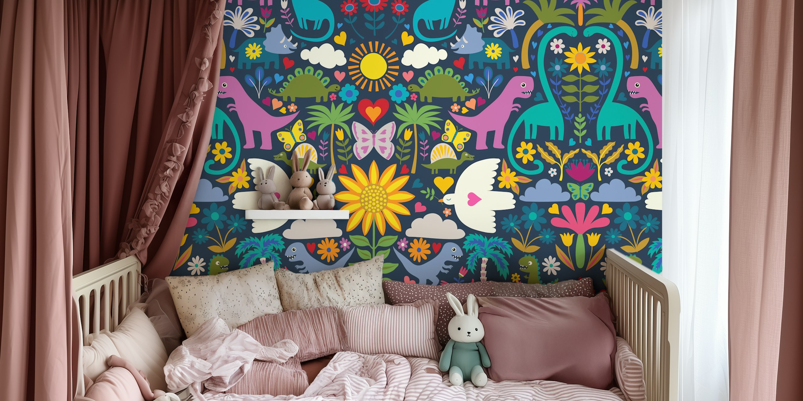 Navy dinosaur wallpaper in a room