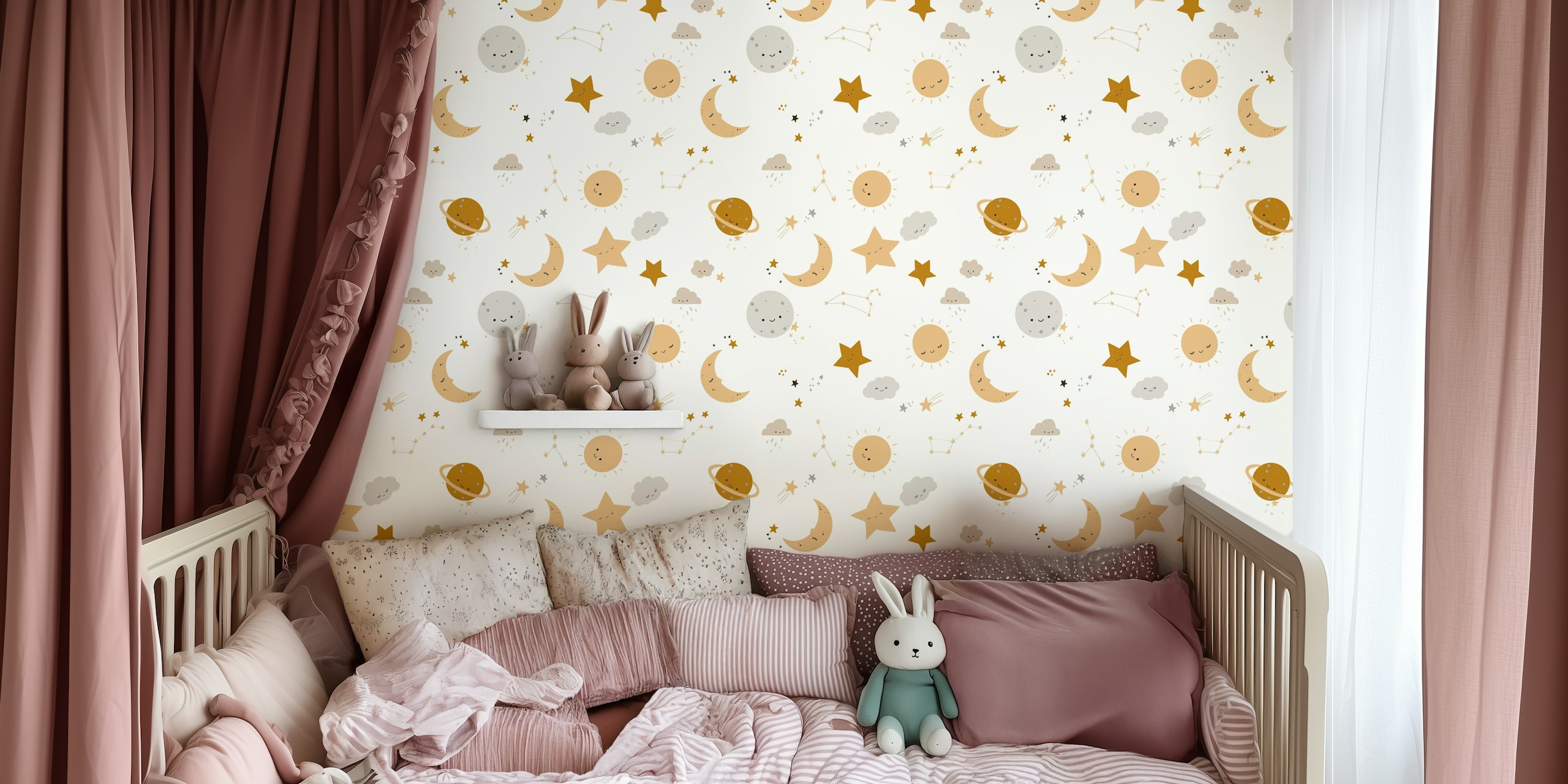 Cute celestial design featuring moons, stars, and clouds in soft colors wallpaper