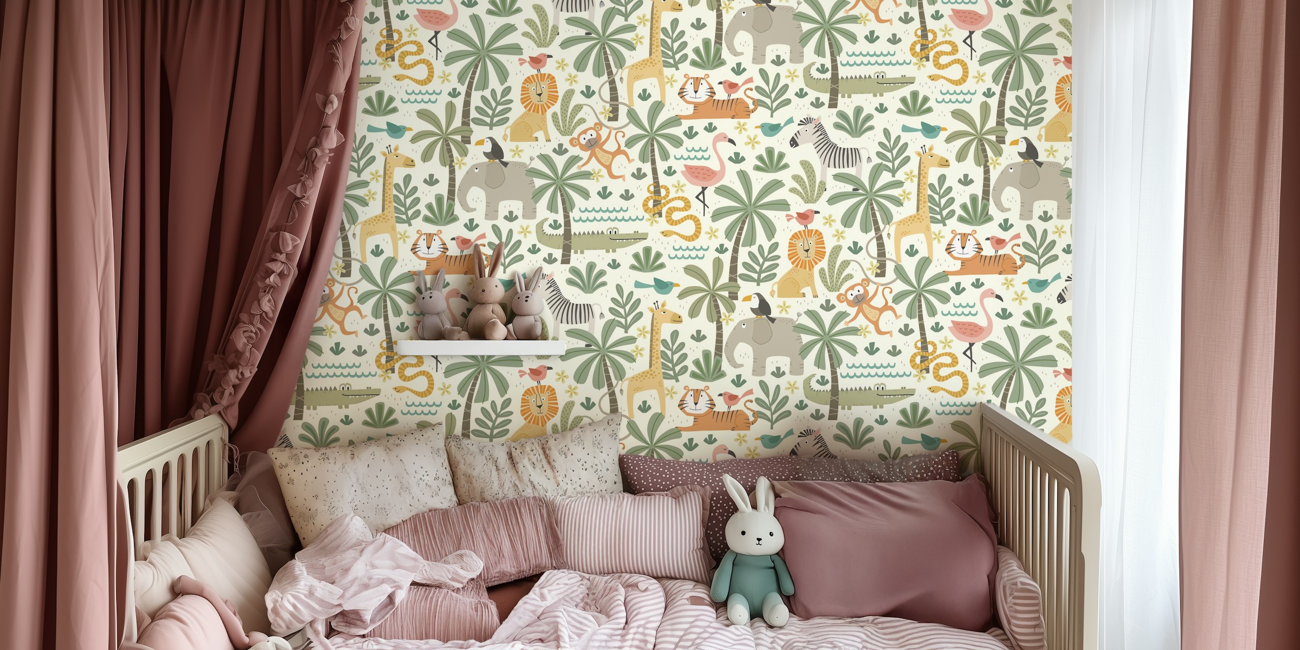 Colorful jungle animals like giraffes, elephants, and monkeys wallpaper