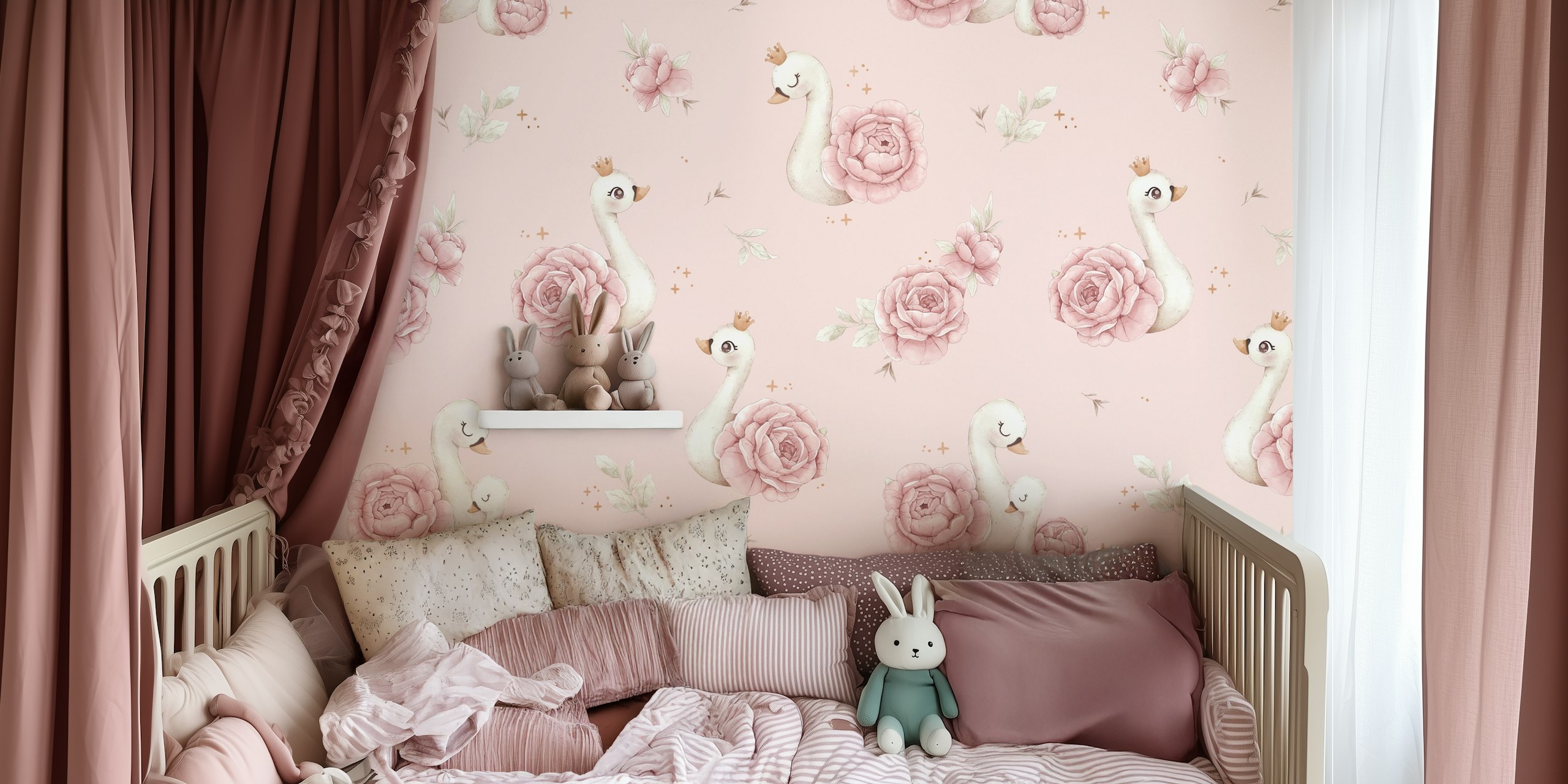 Pink floral wallpaper featuring swans and roses