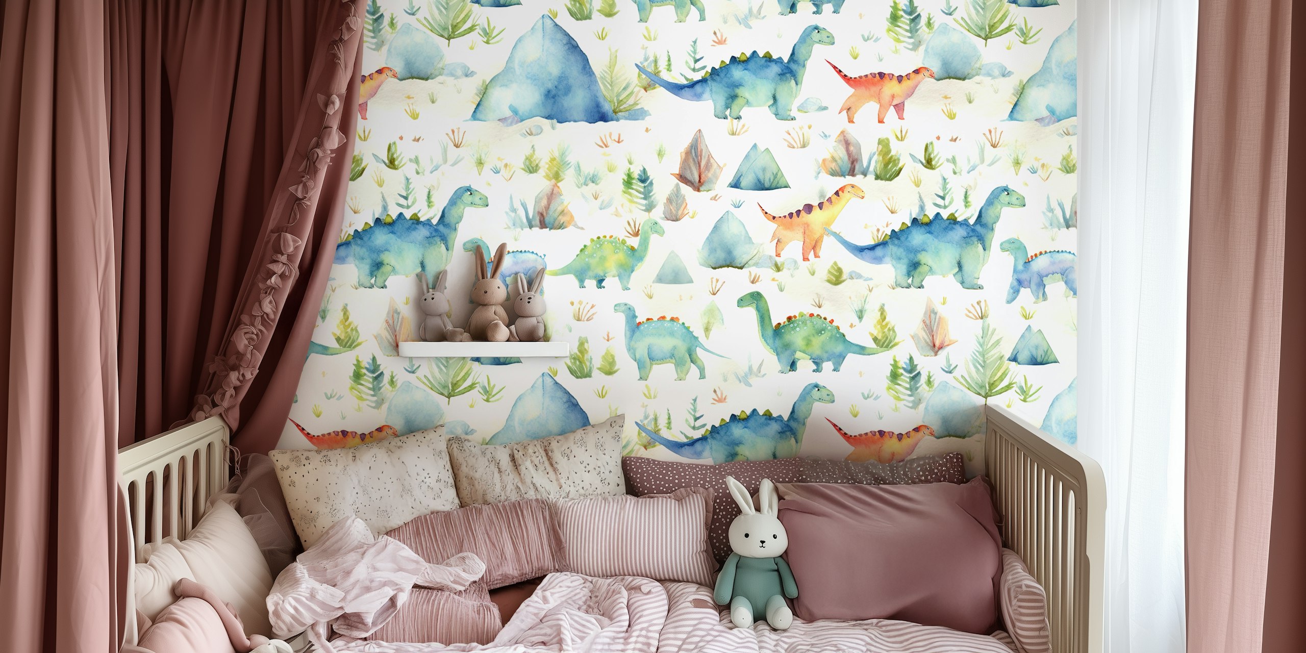 Papier peint Watercolor Dinos dans une pièce amusante