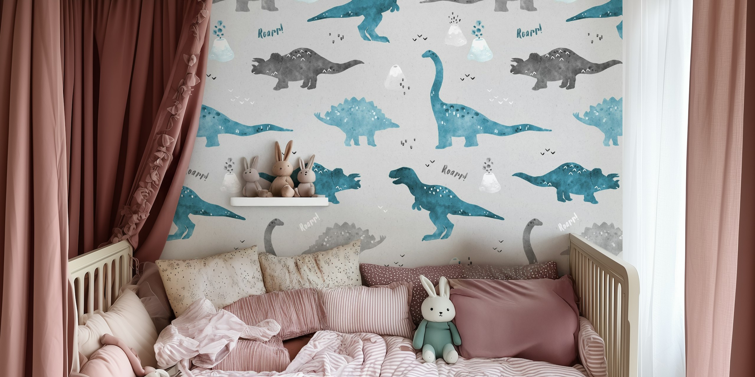 Watercolor dinosaur illustrations in grey and blue on a light grey background wallpaper