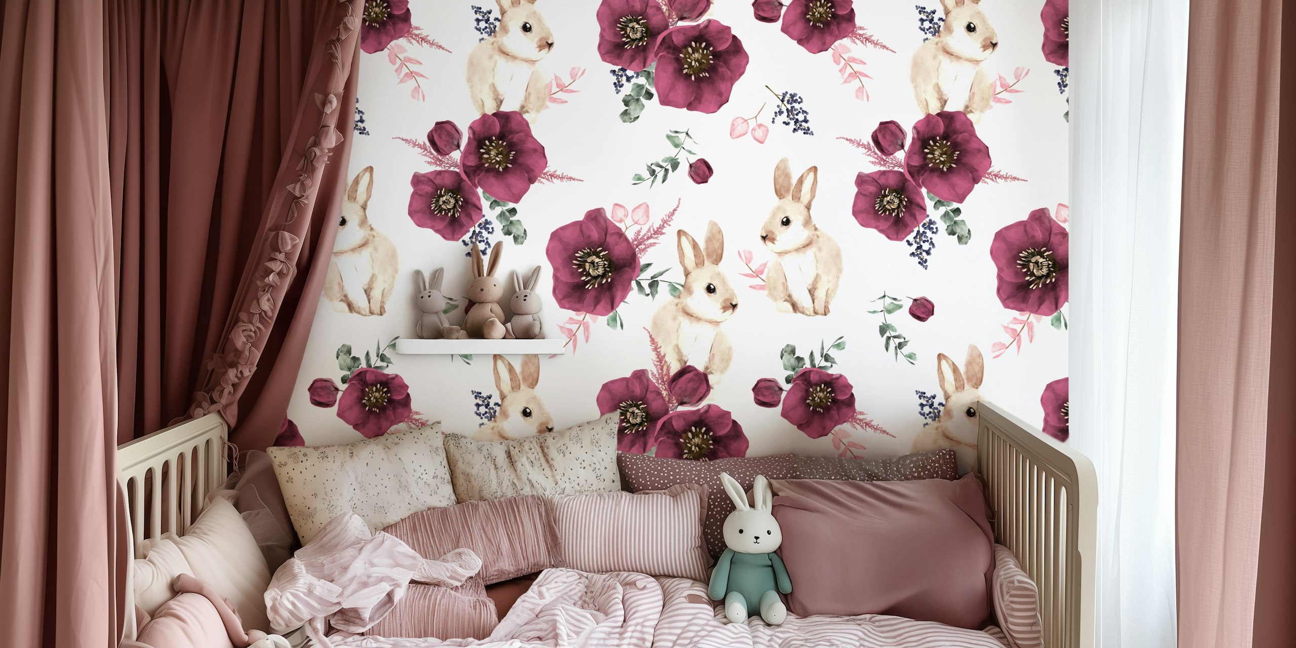 Carta da parati floreale Mallow Bunny in una stanza