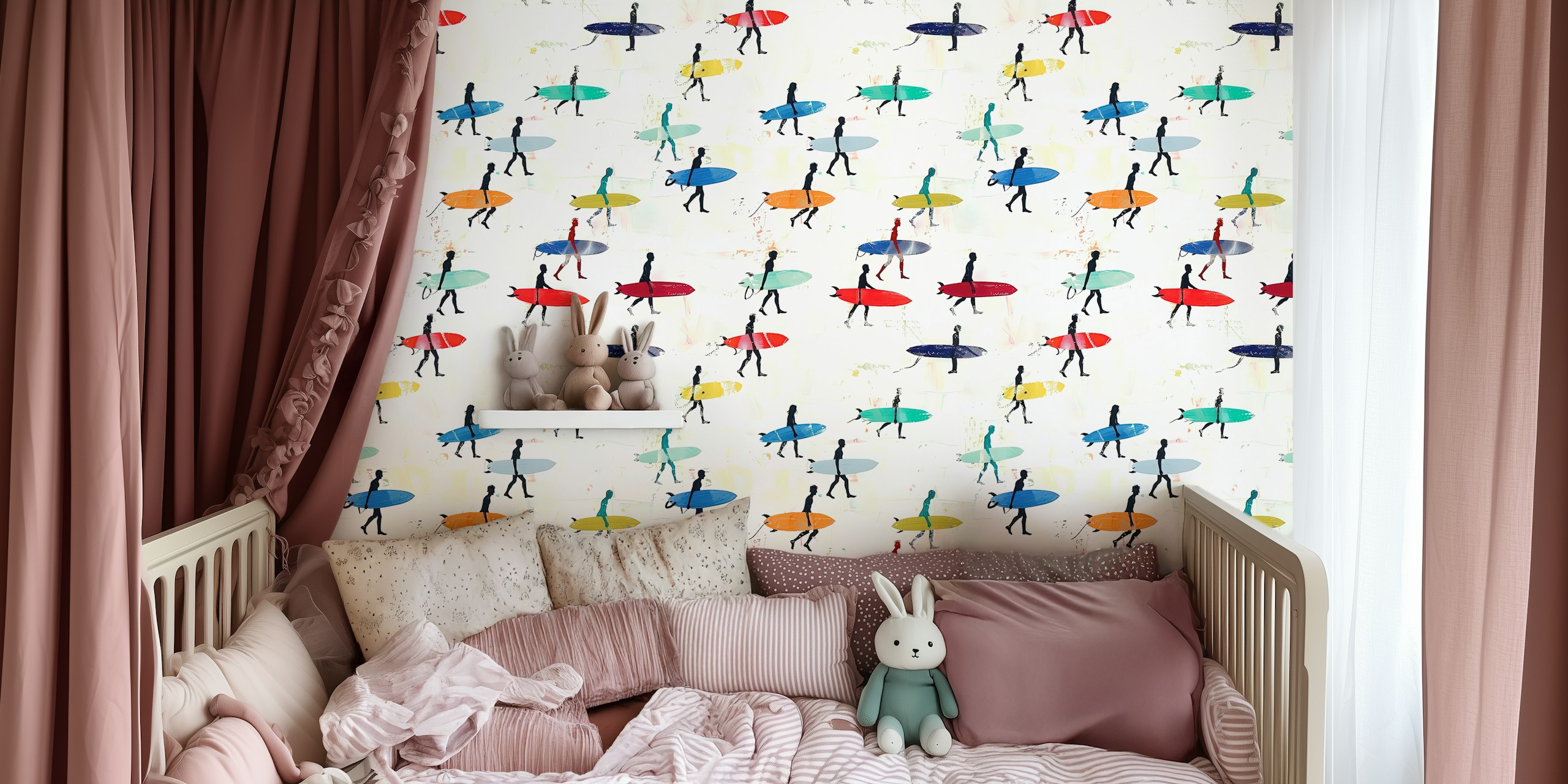 Colorful surfers wallpaper in a room