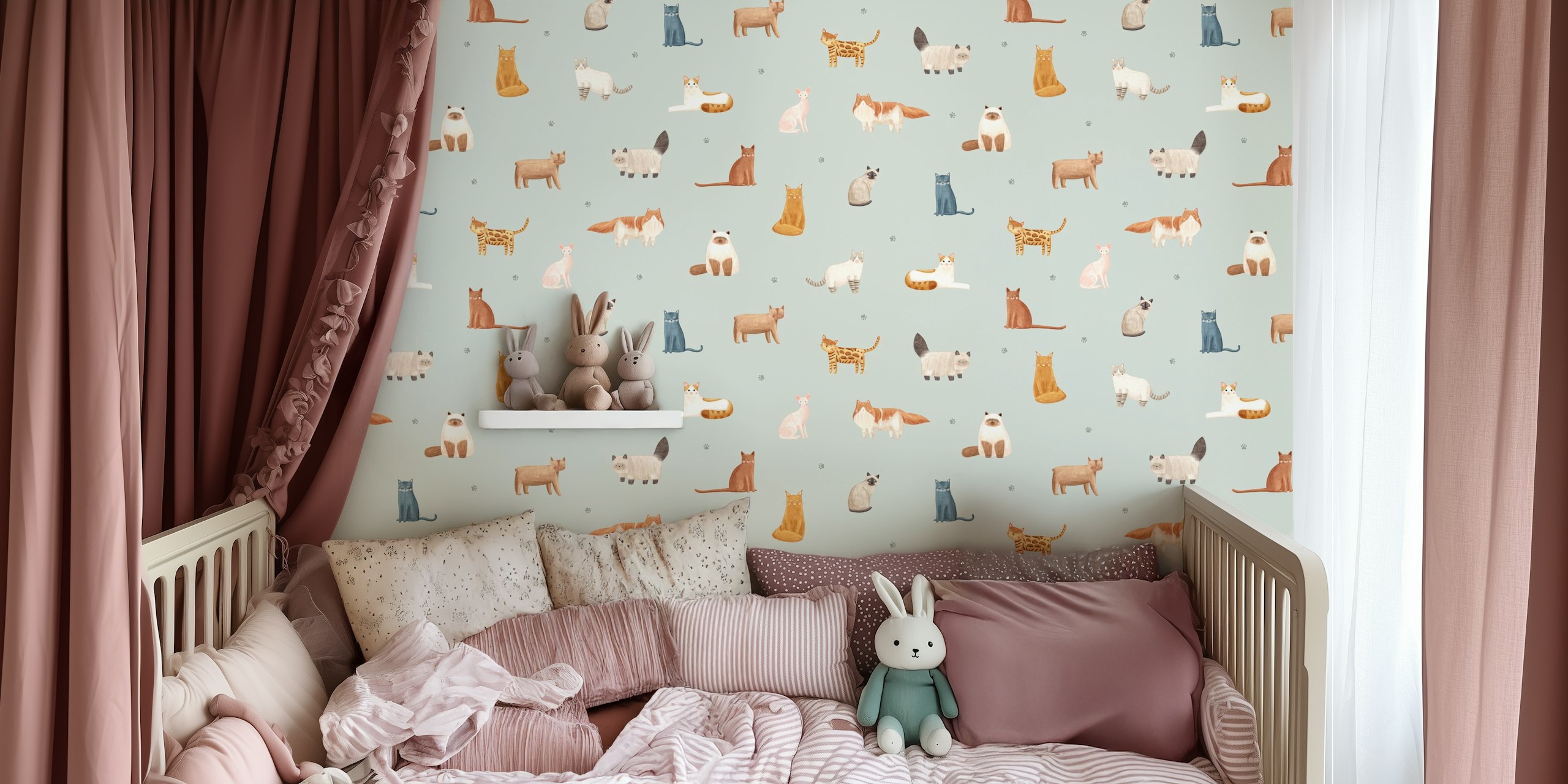 Various illustrated cats in soft pastel colors wallpaper