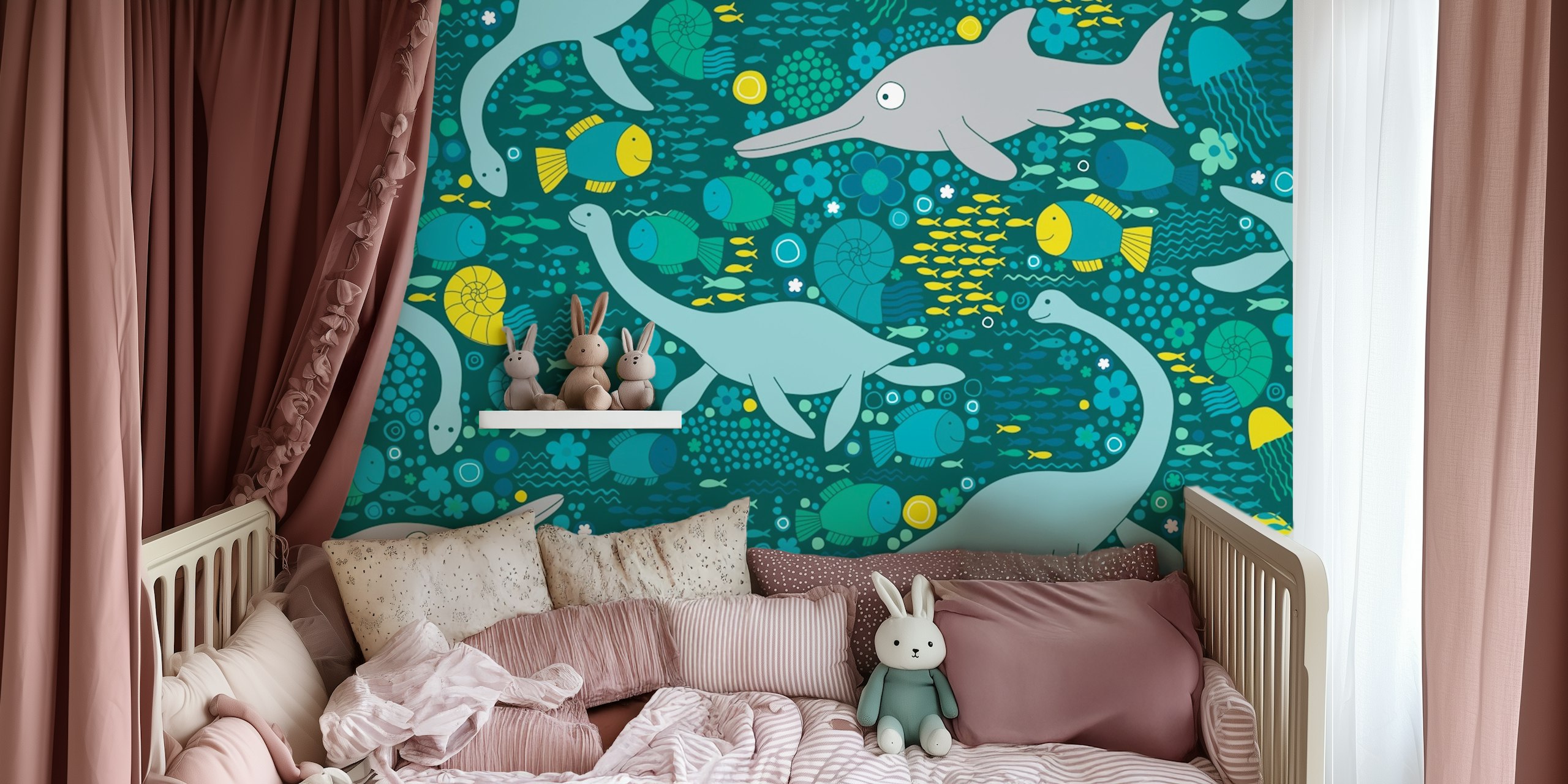 Plesiosaurs swimming in teal and lemon underwater scene wallpaper