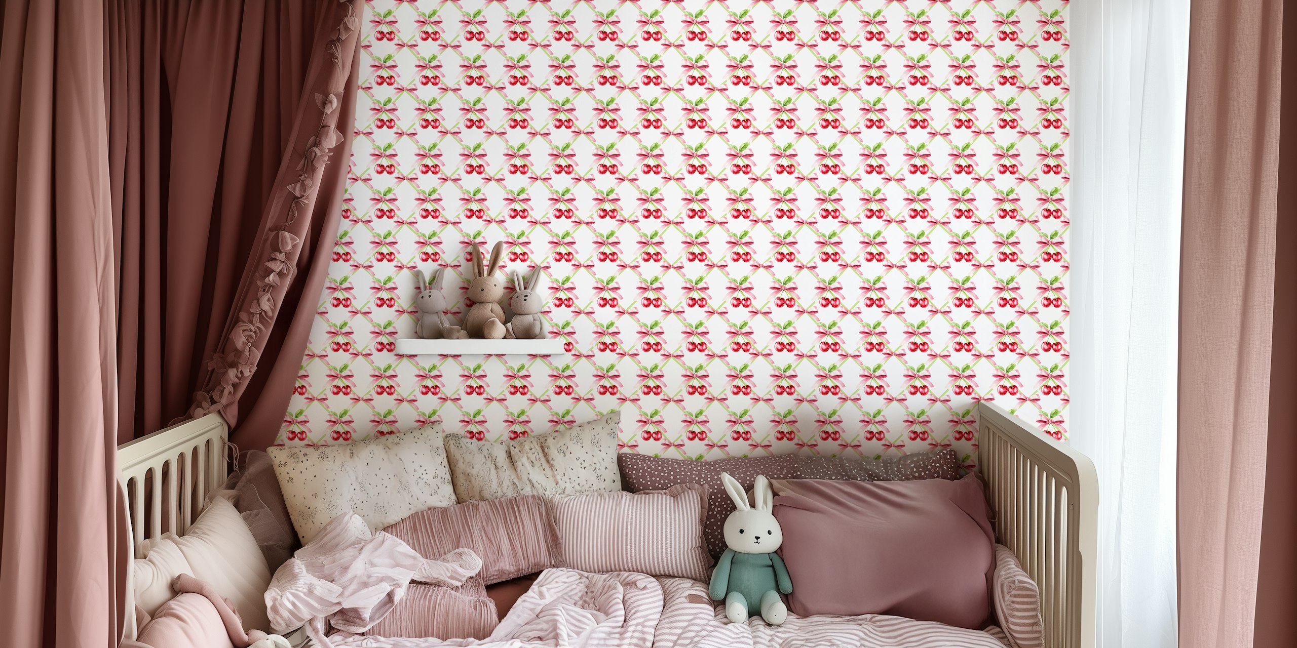 Pink Vintage Berry Bow Bliss wallpaper in a room