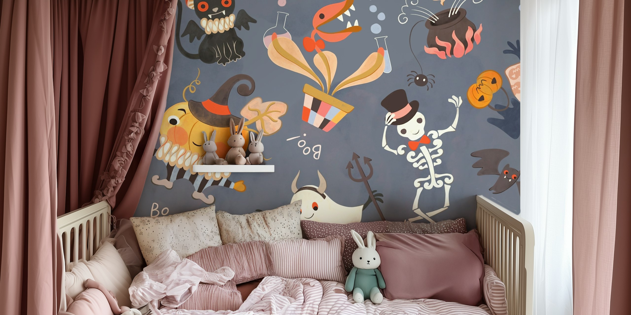 Papier peint Halloween cute little monsters dans une pièce