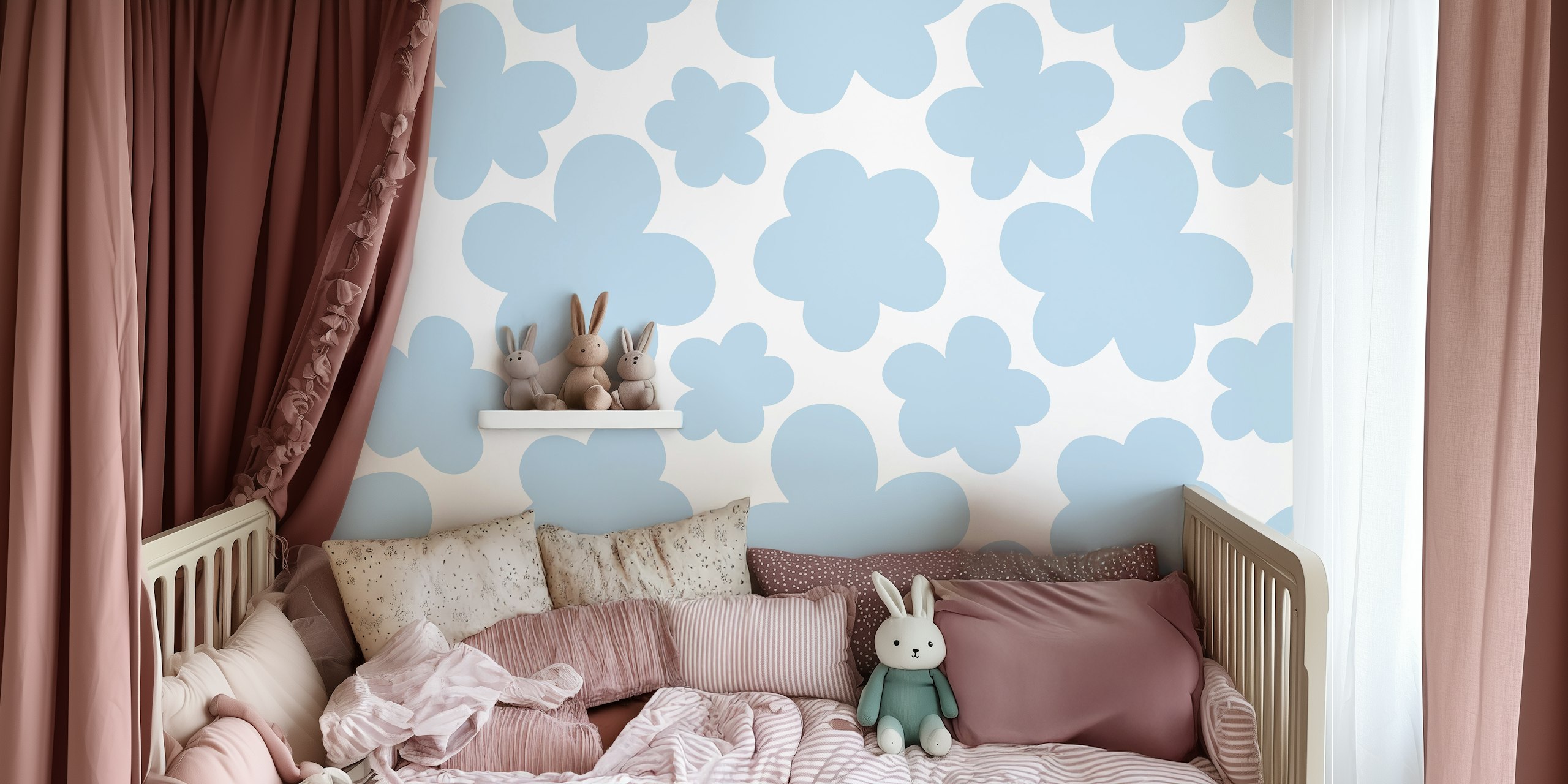 Light blue flower shapes on white background wallpaper
