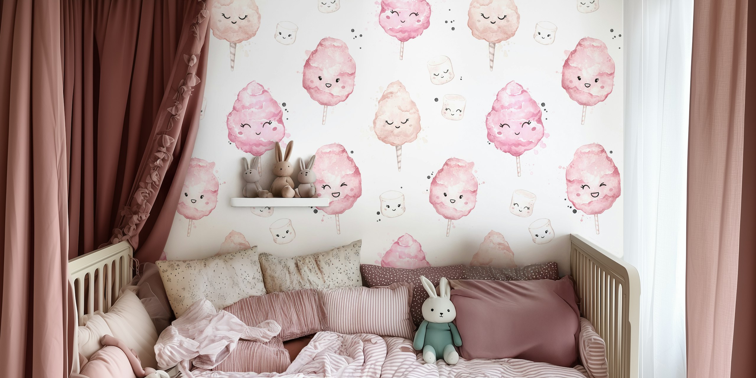 Pink cotton candy designs with smiling faces on white background wallpaper
