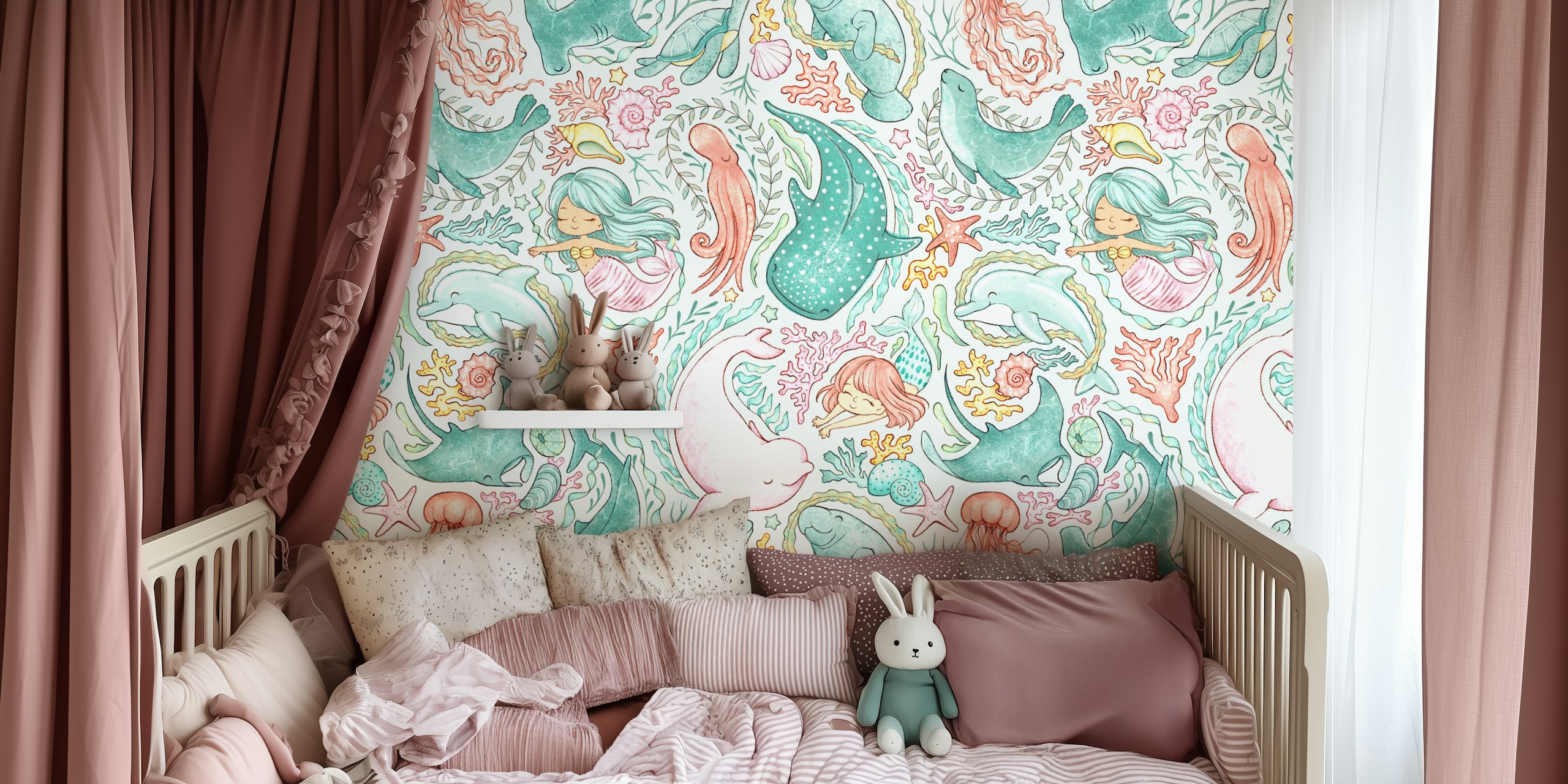 Pastel paisley wallpaper featuring ocean creatures