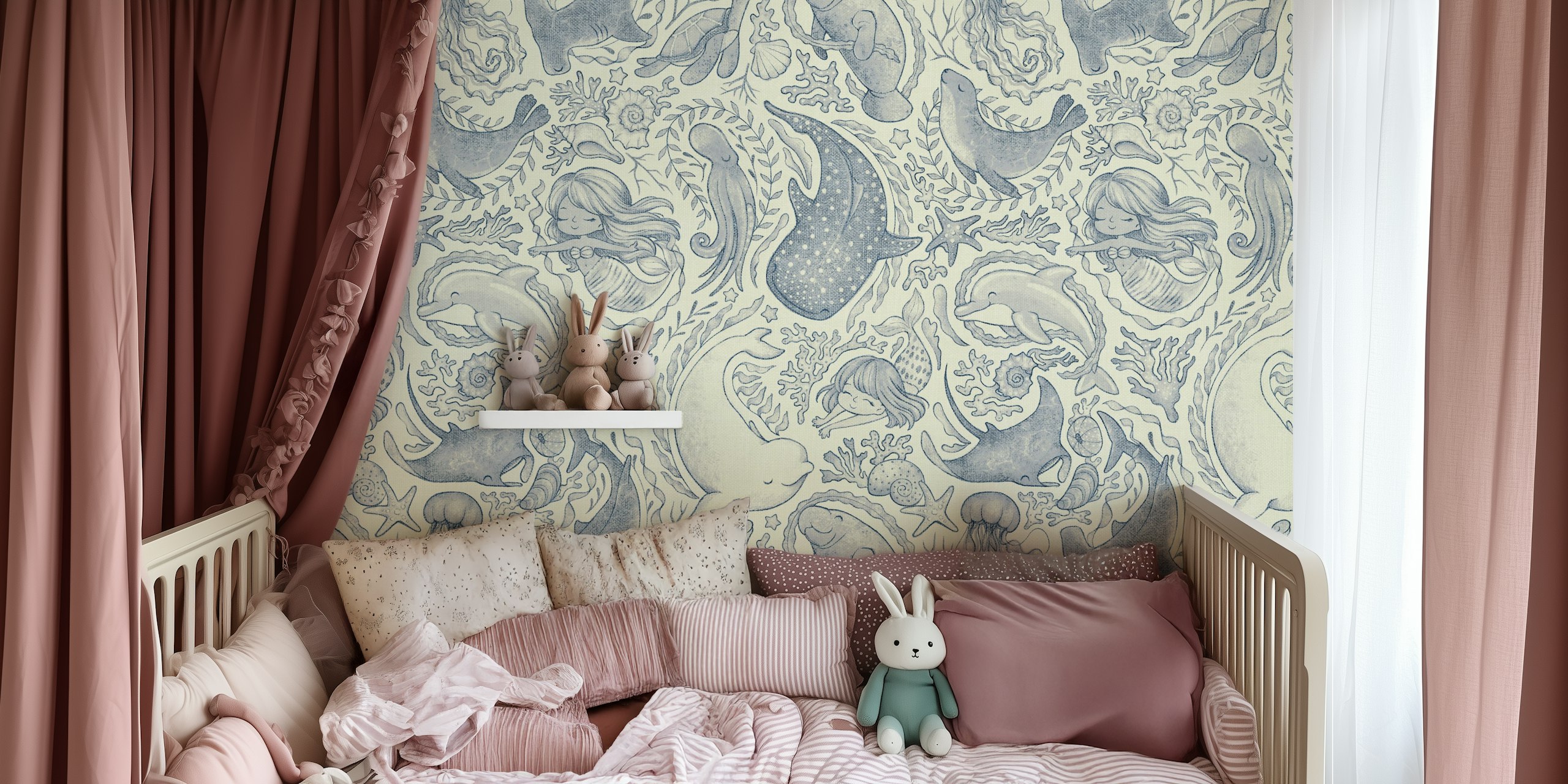 Modern Mermaid Toile wallpaper en una habitación