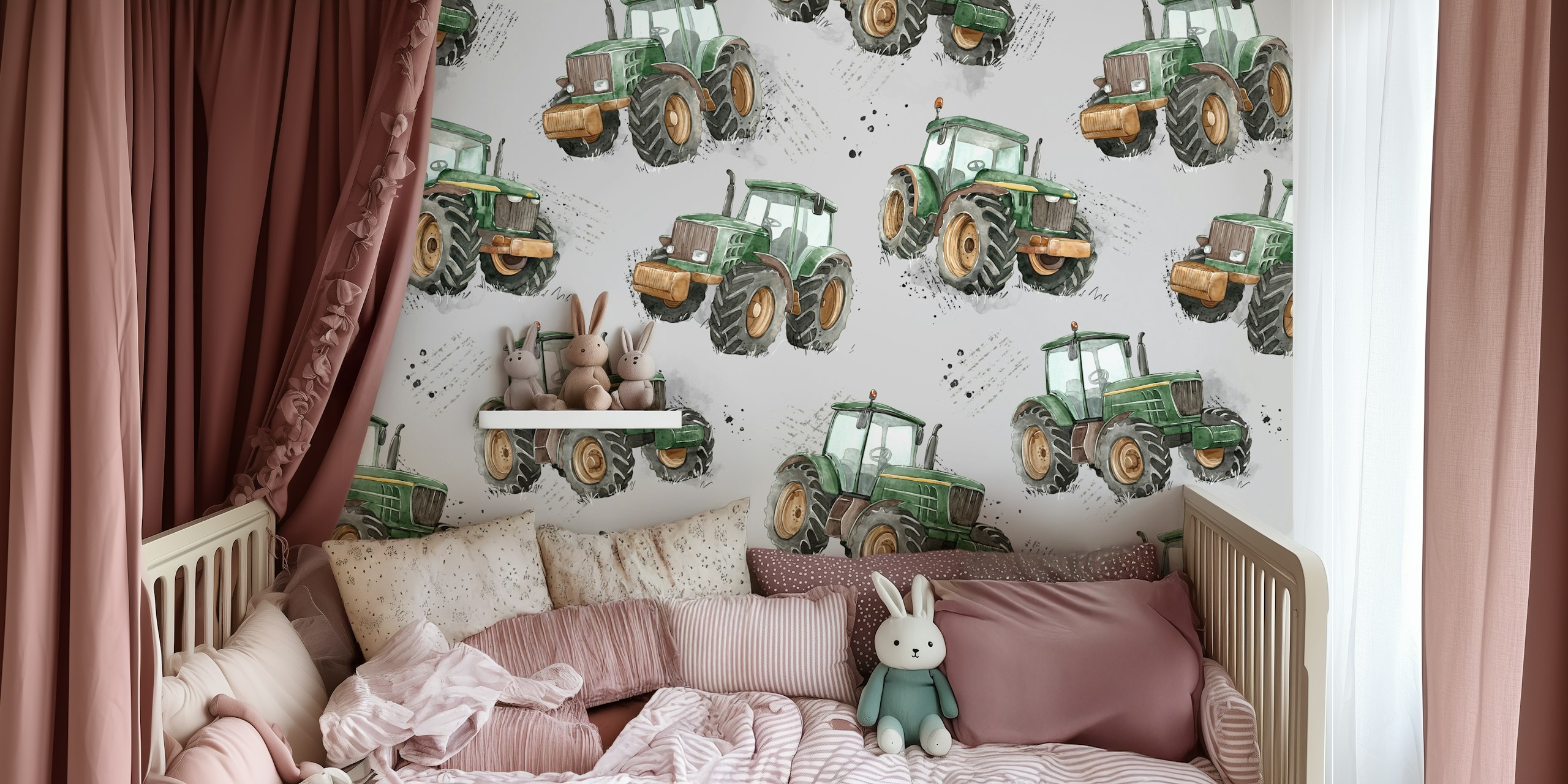 Watercolor tractors in green and brown on grey background wallpaper