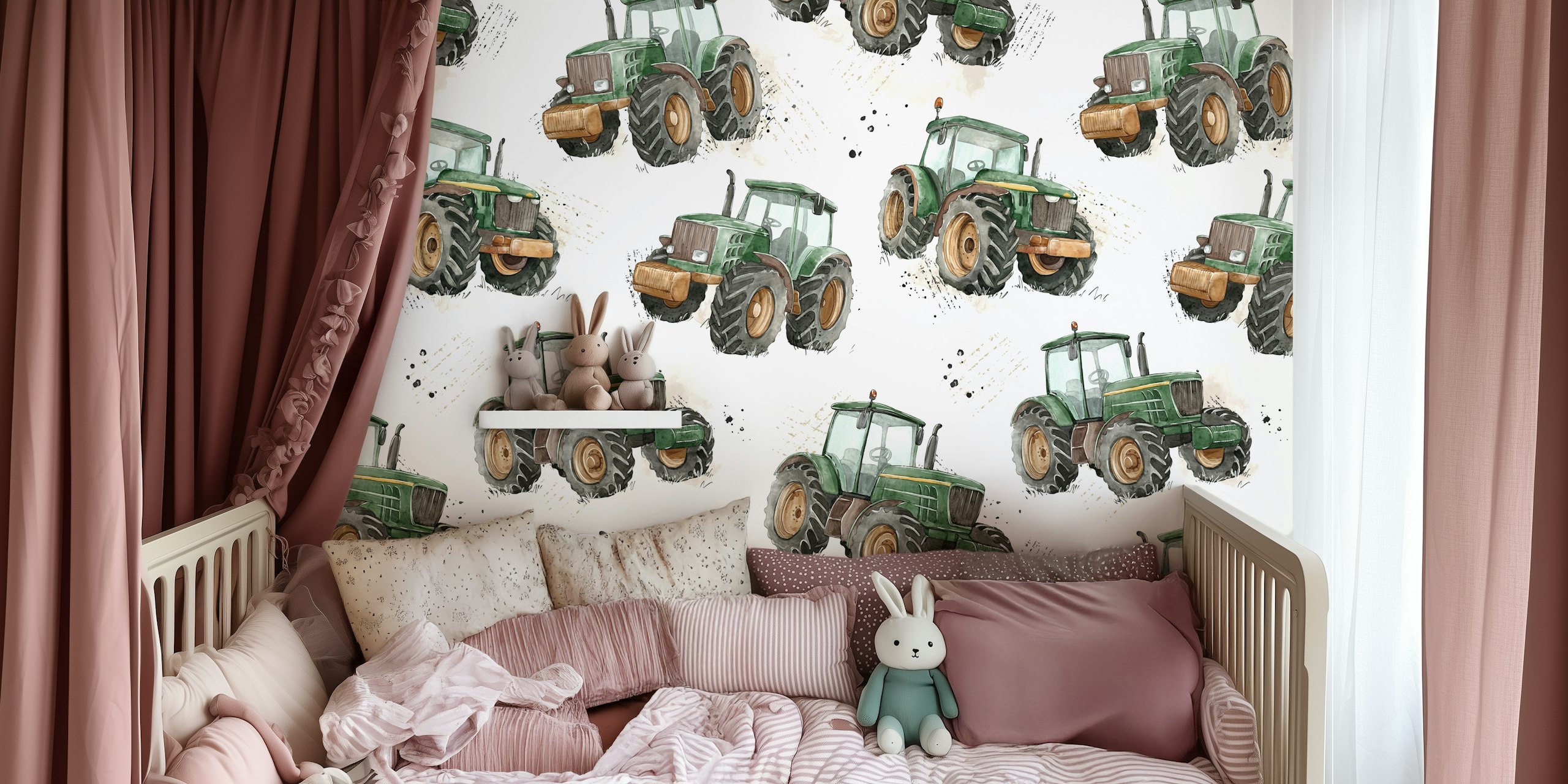 Watercolor tractors wallpaper in a room