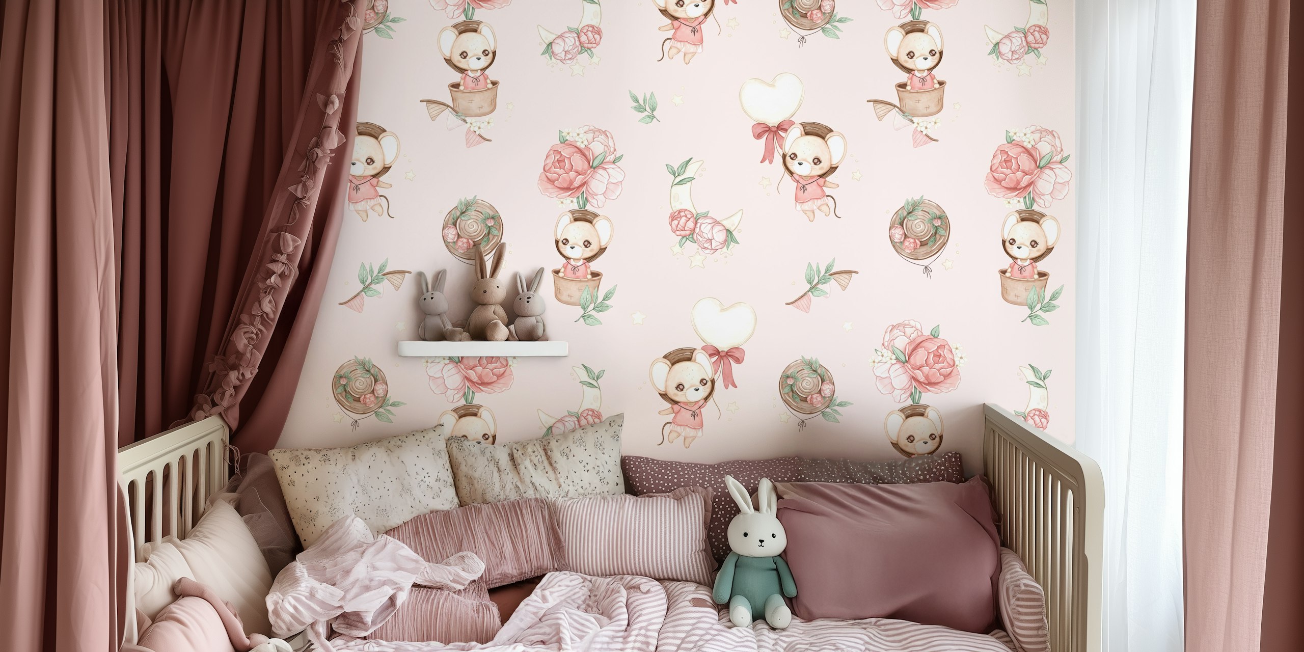 Pink wallpaper with flying mice and flowers