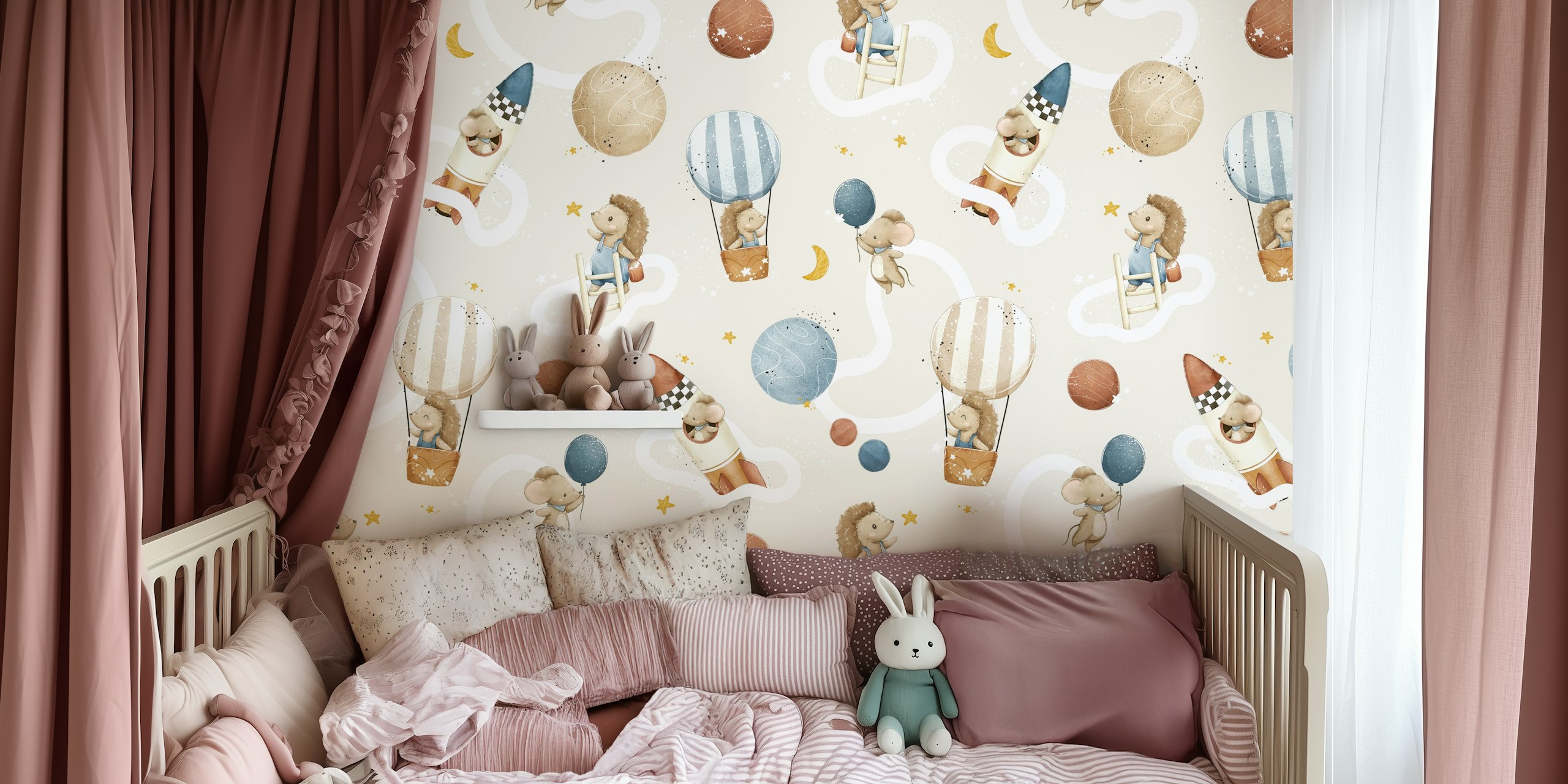 Animal hot air balloons in beige background wallpaper