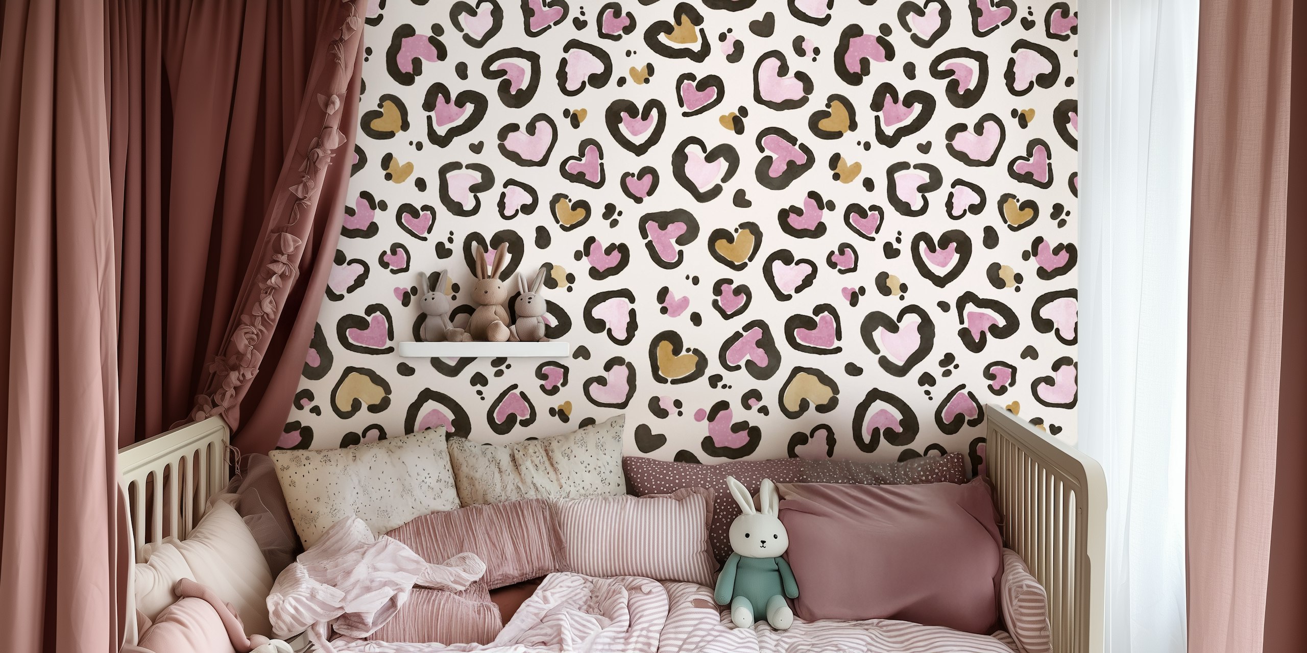 Heart patterns in rose gold, pink, and brown on cream background wallpaper