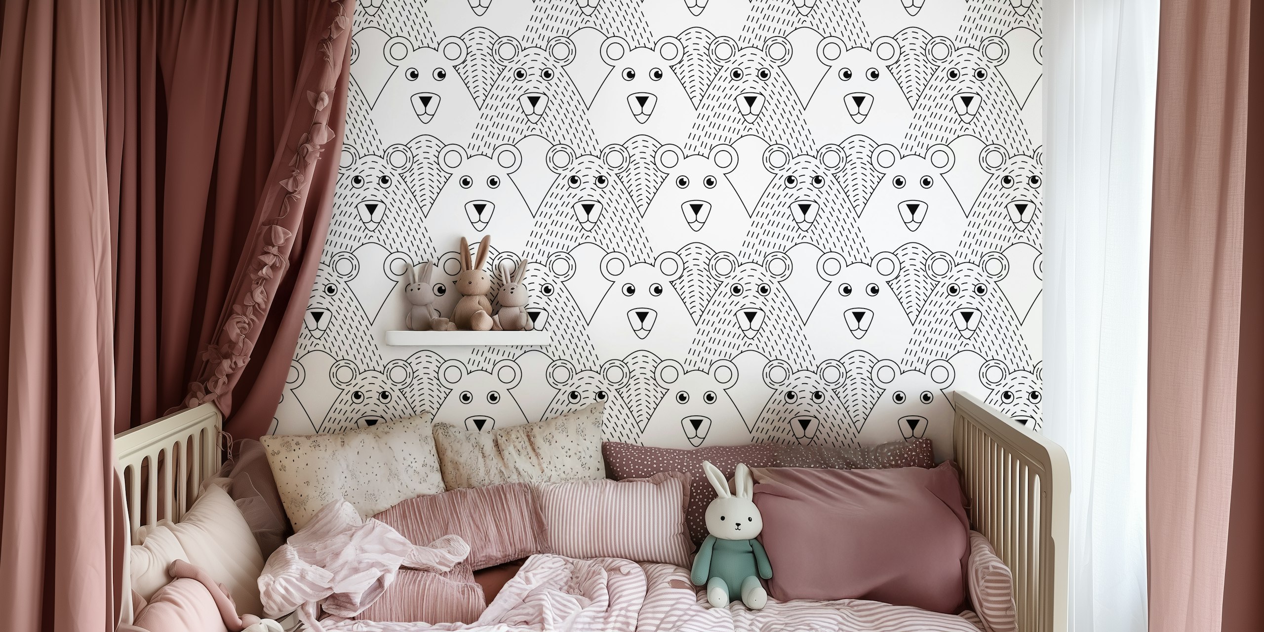 Black and white bear line art pattern wallpaper