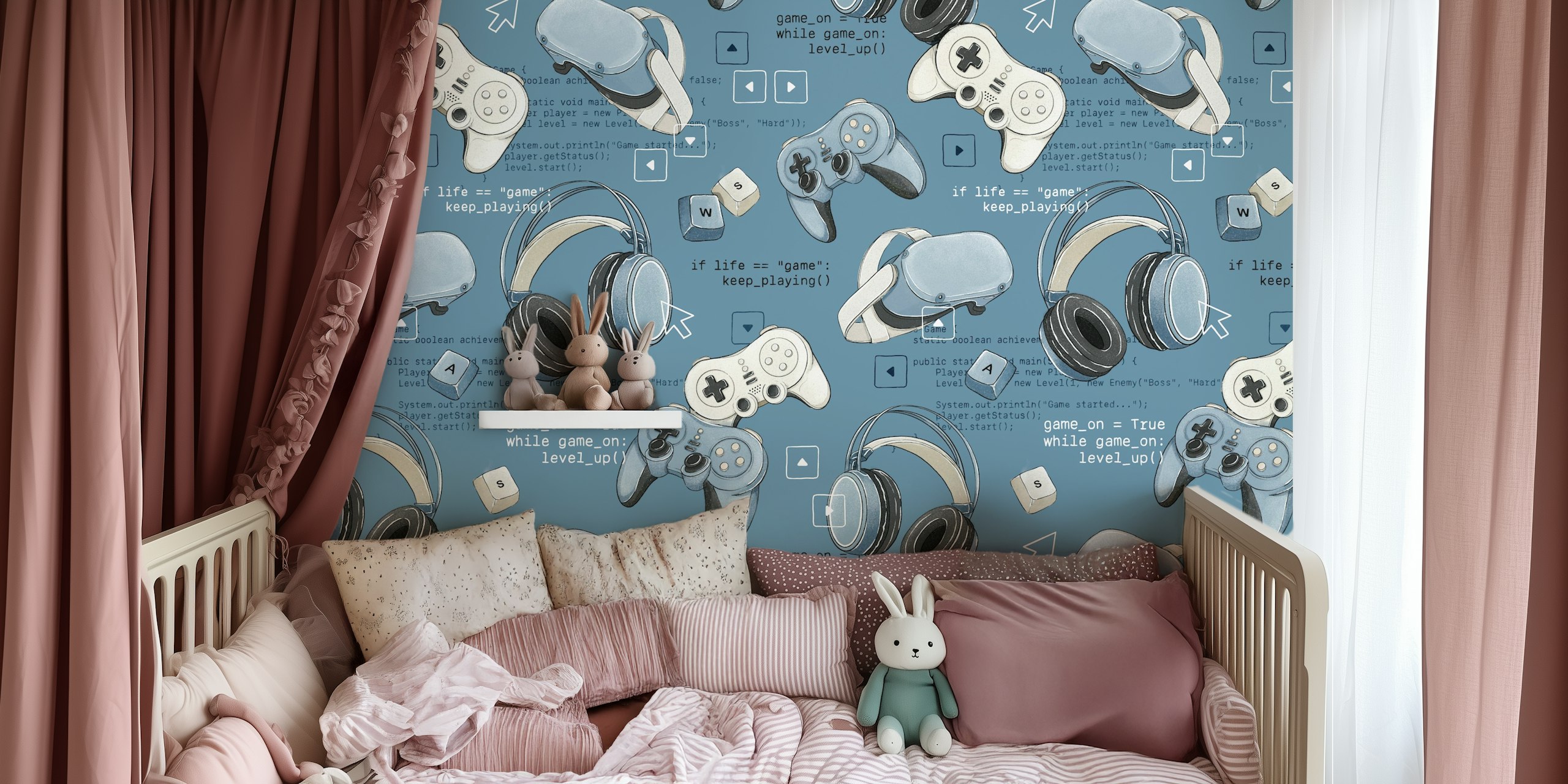 Gaming controllers and headphones pattern on dark blue wallpaper