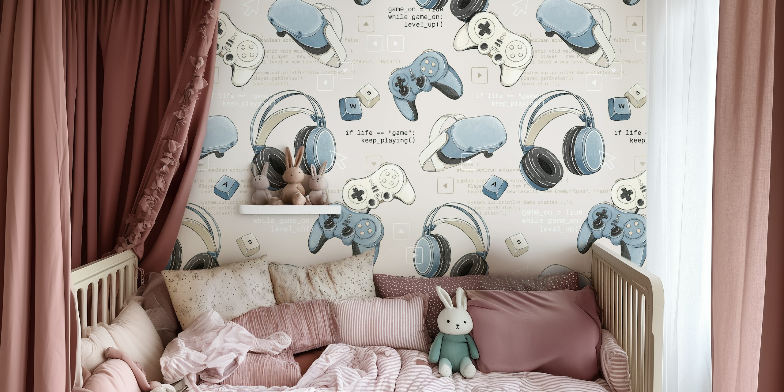 Game Mode: On cream blue wallpaper in a room
