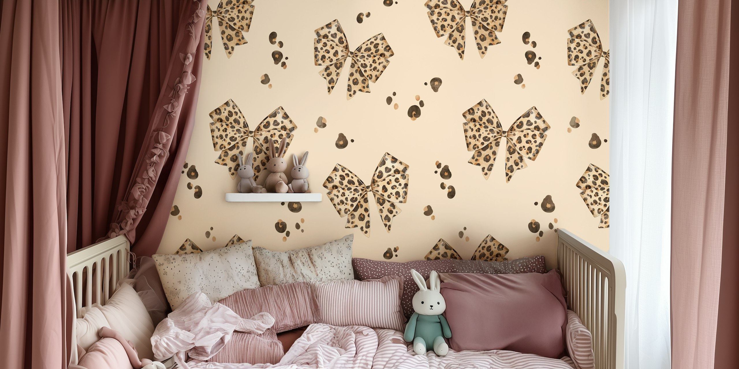 Beige wallpaper with leopard print bows and speckled patterns