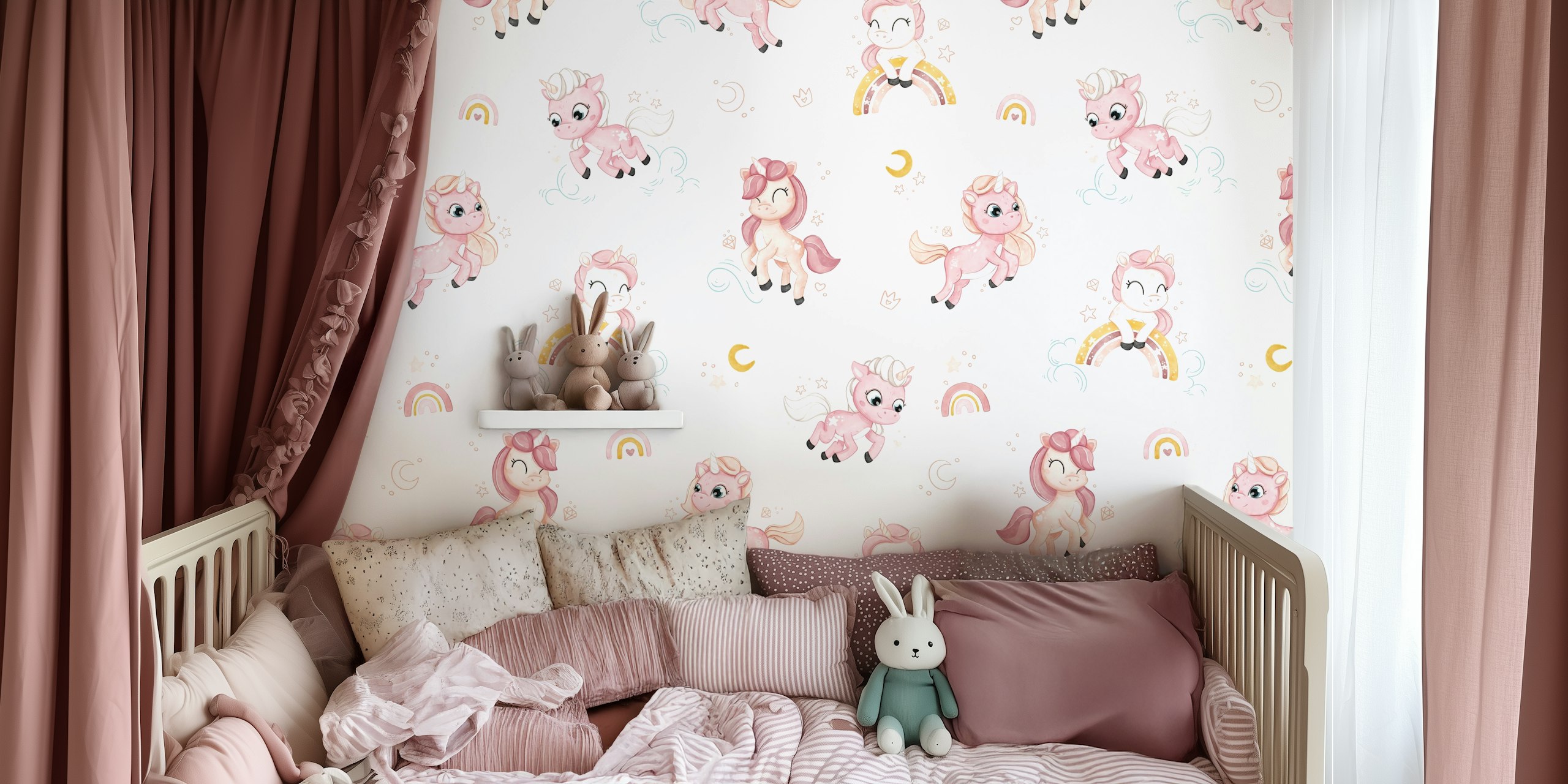 Kids wallpaper with pink unicorns, rainbows, and stars on white background