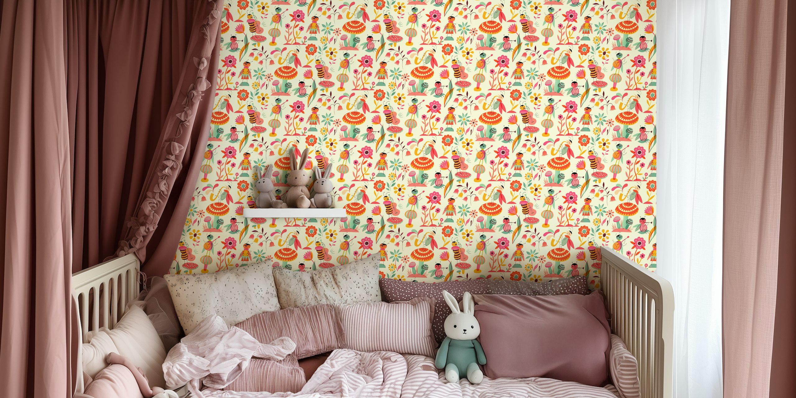 Colorful cartoon insects and flowers on cream background wallpaper