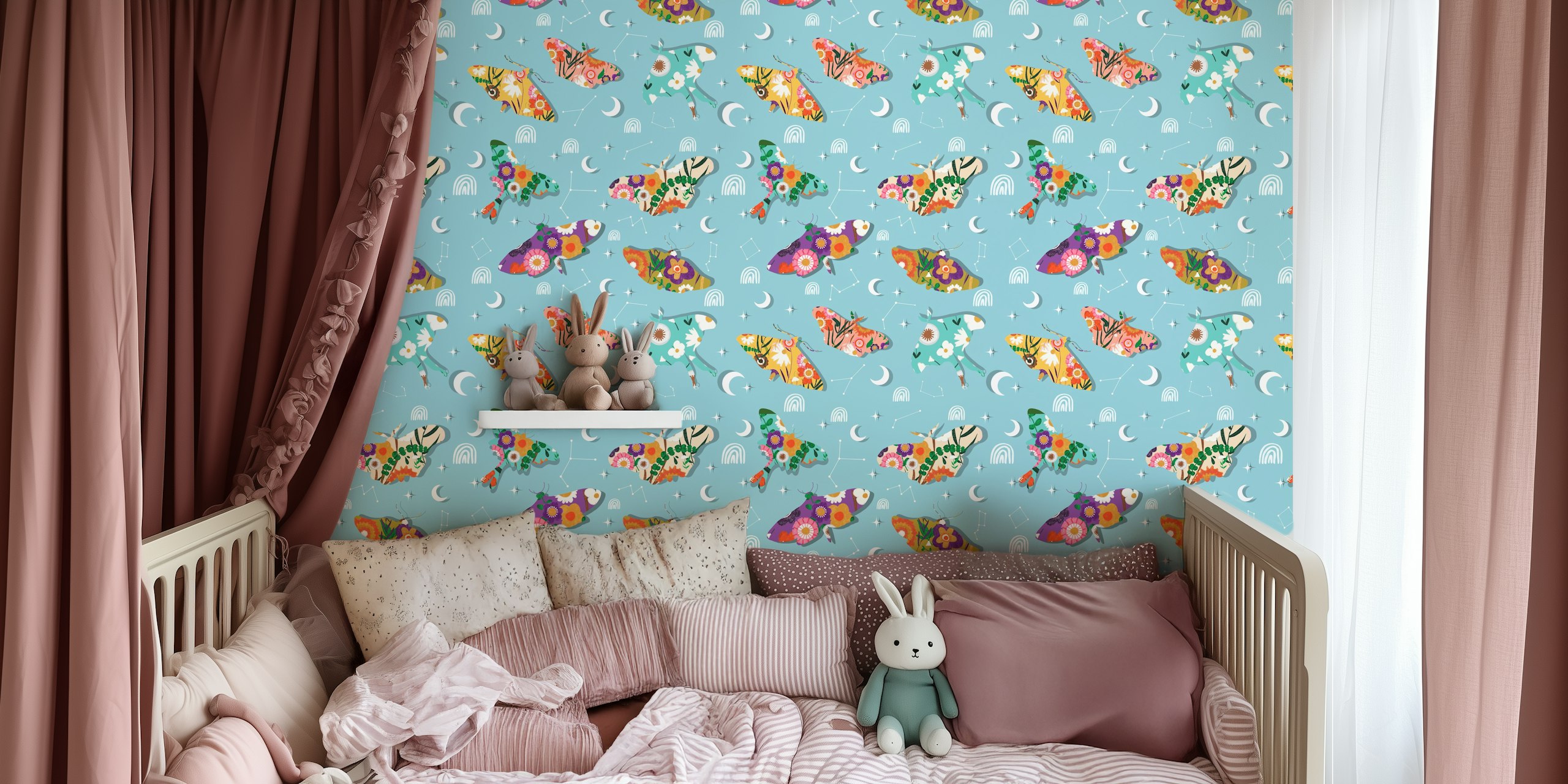 Colorful floral patterns and butterflies on blue background wallpaper