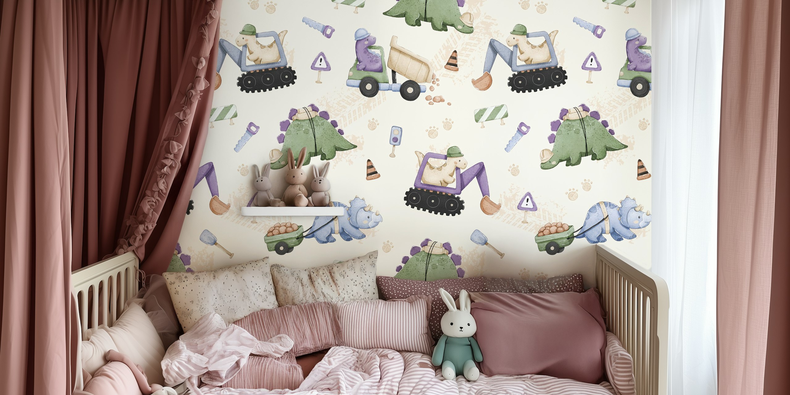Dino Construction cream tapeta u sobi