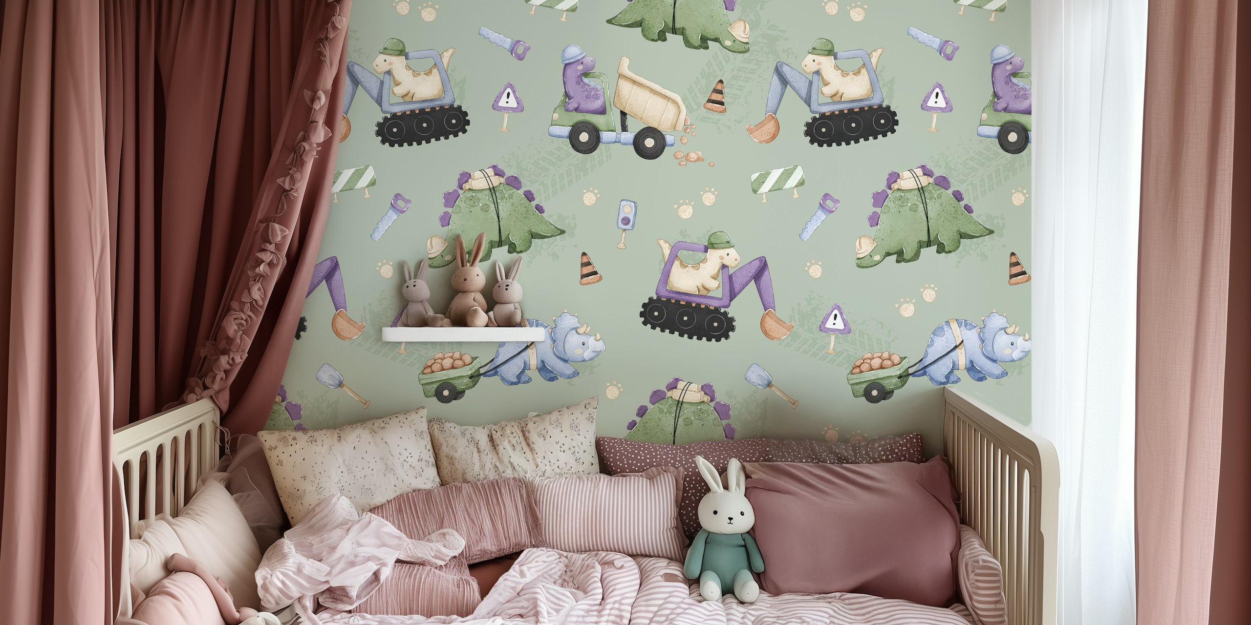 Dinosaur construction vehicles and dinosaurs on sage green wallpaper