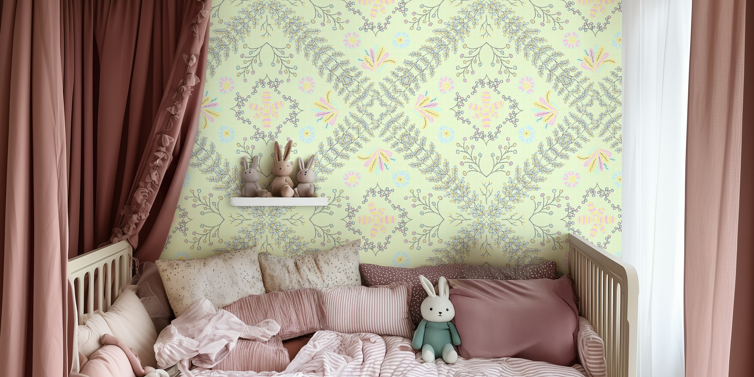 Floral sage green wallpaper with delicate patterns and pastel colors