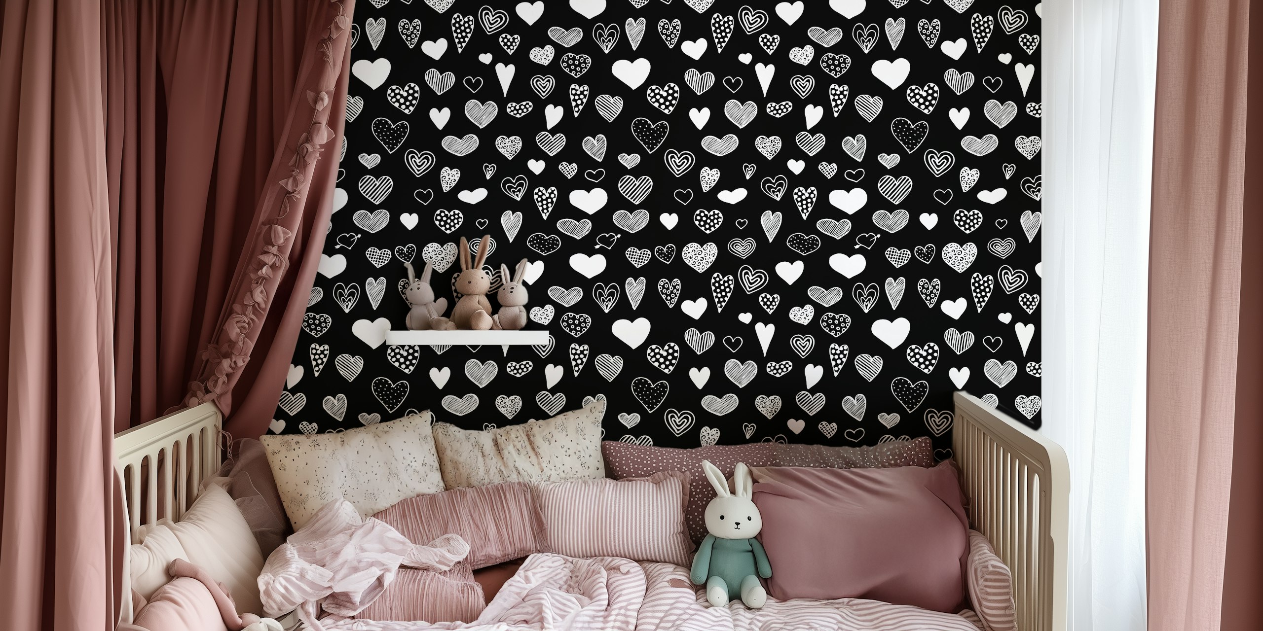 Black and white heart doodle pattern wallpaper featuring various heart shapes