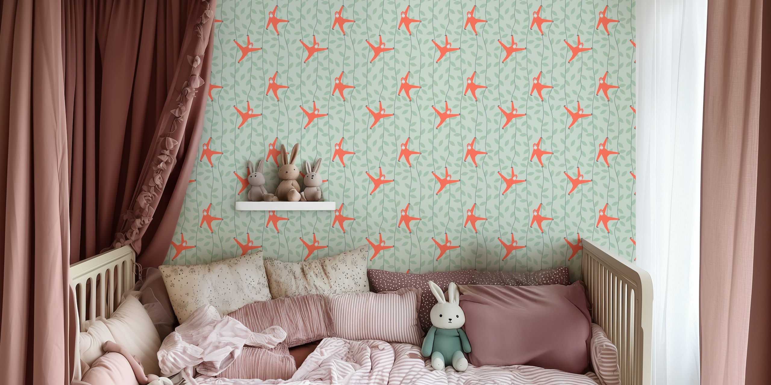 Playful orangutan jungle wallpaper in a room