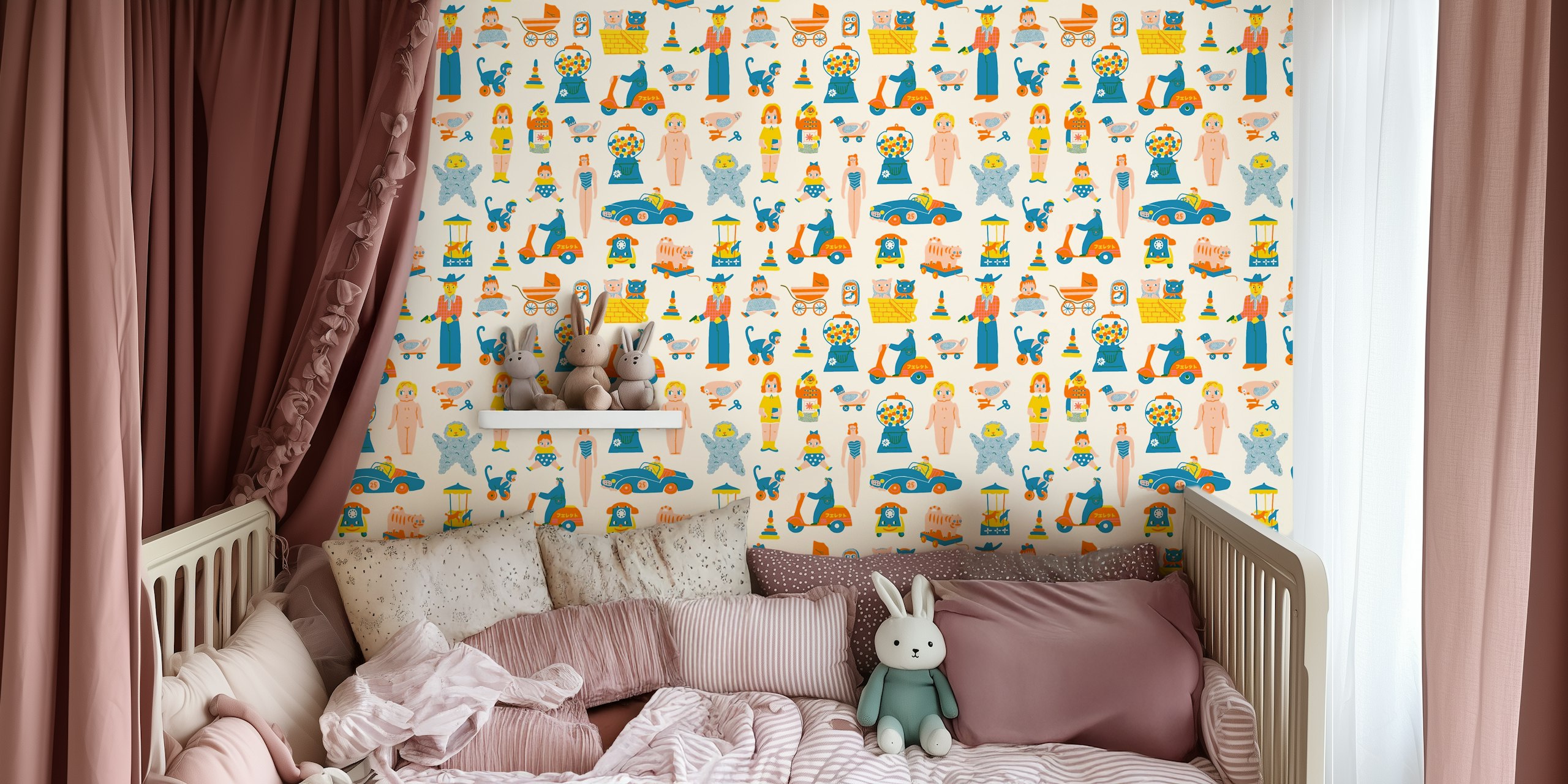 Ilustração de diversos brinquedos antigos com carros de lata, bonecos de madeira e estatuetas de animais em tons pastéis.