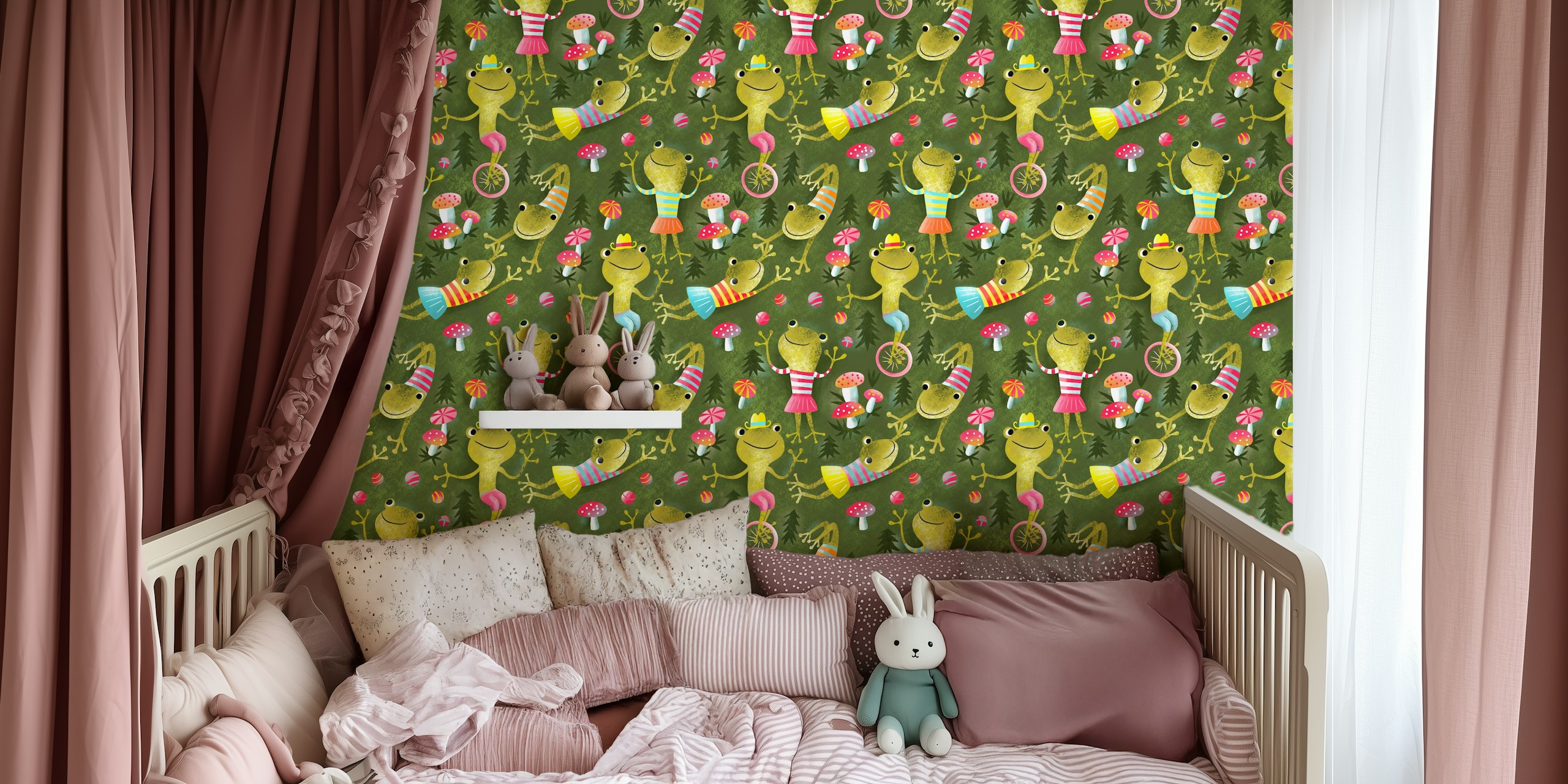 Projekt tapety Frog family w kolorowej scenerii