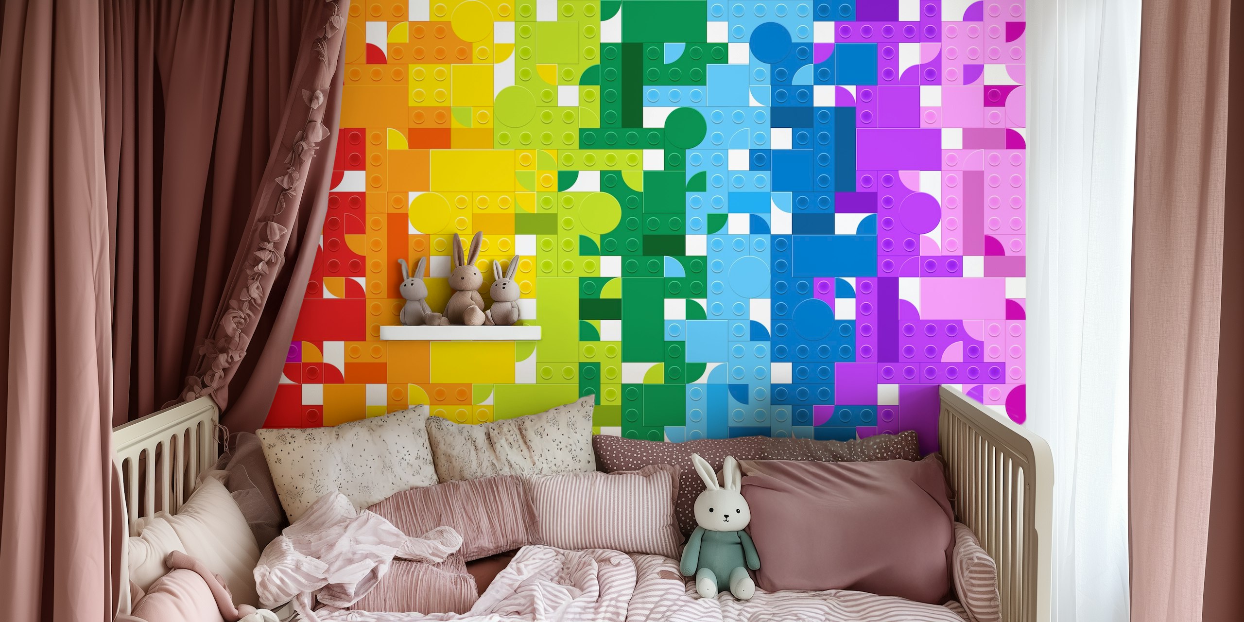 Colorful rainbow building blocks wallpaper in a room