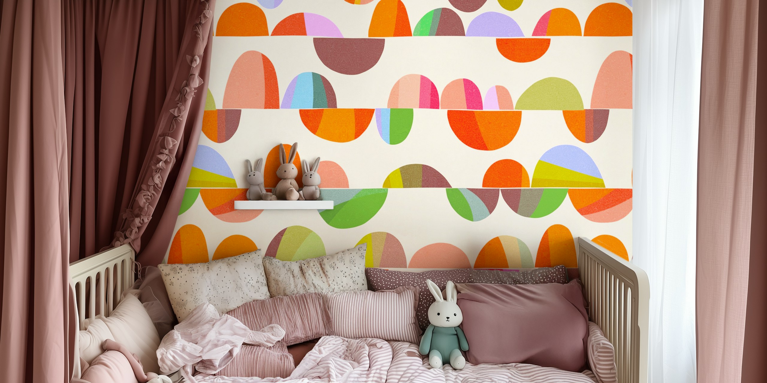 Colorful pebble shapes on pale background mid-century wallpaper