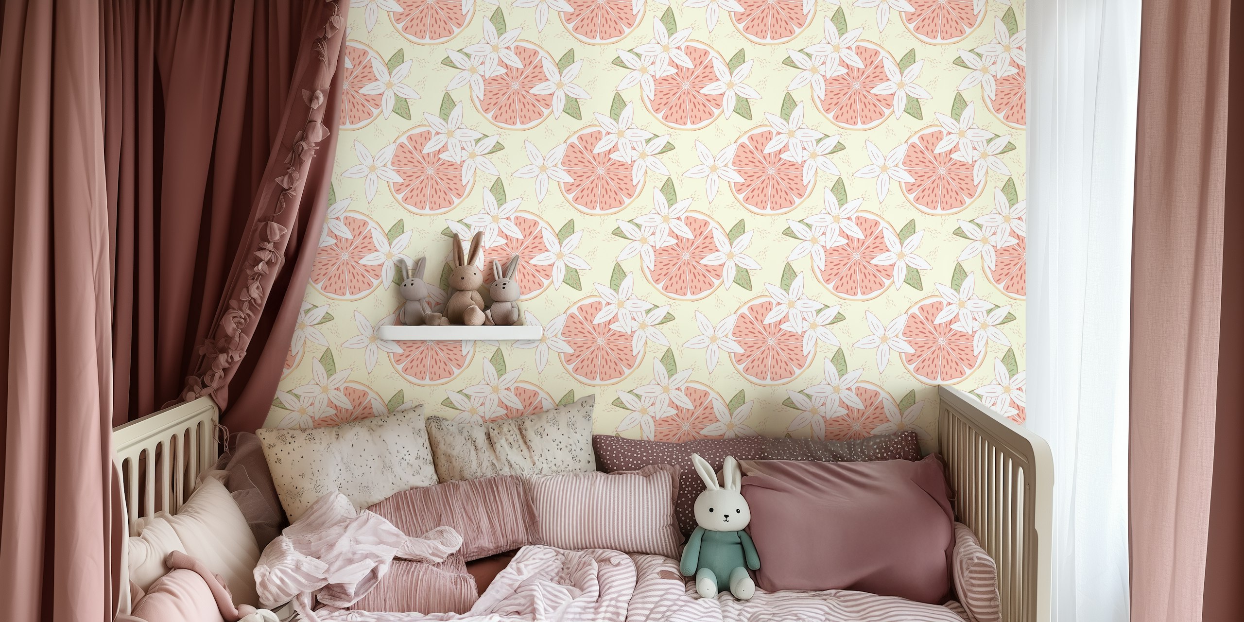 Grapefruit Blossoms wallpaper displayed in a room