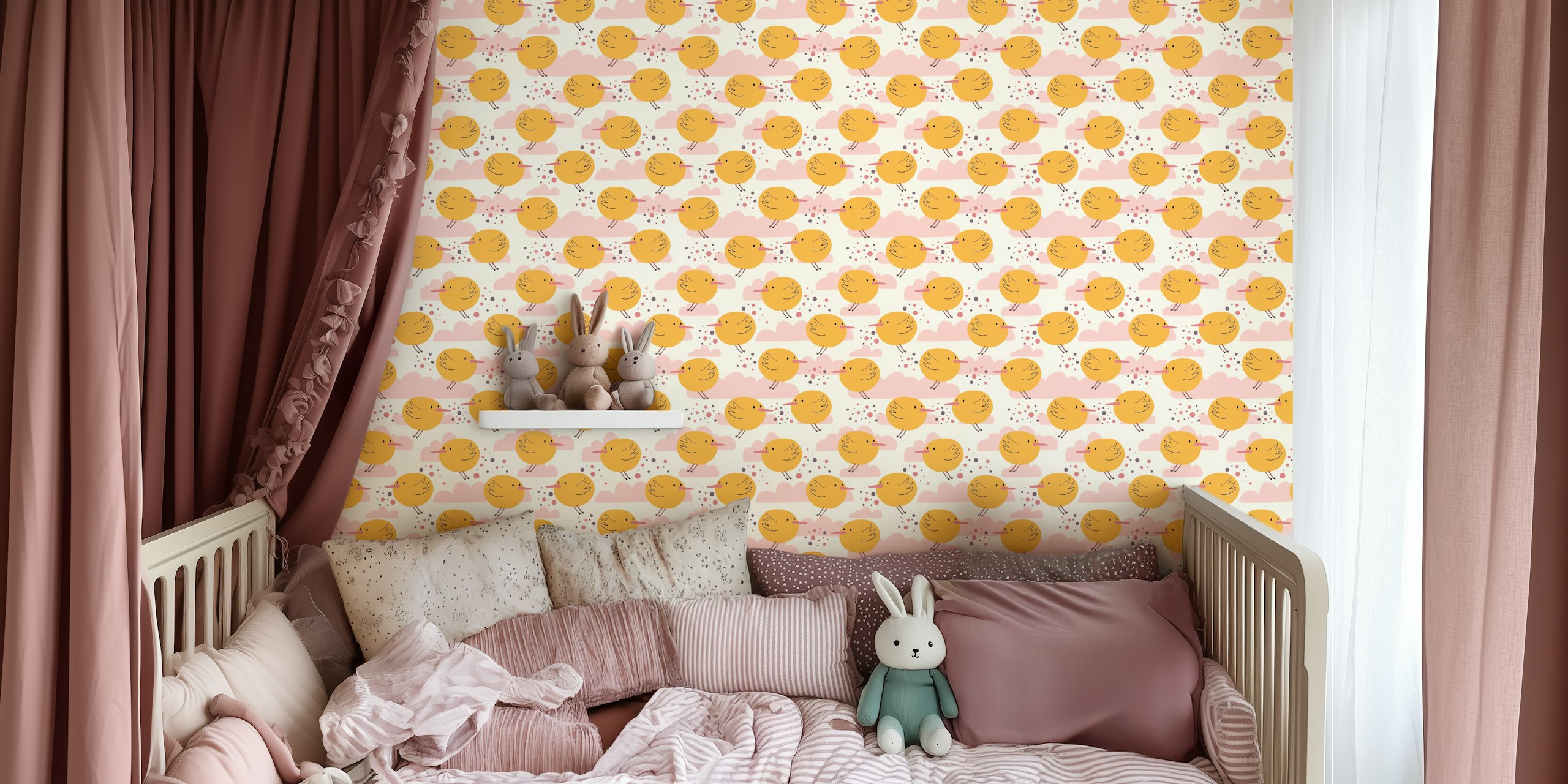 Design de papel de parede com pássaros e nuvens