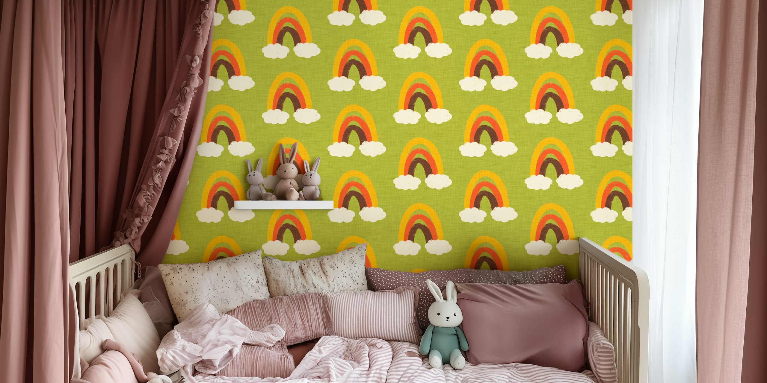 Groovy 70s Cute Rainbow with clouds em um quarto