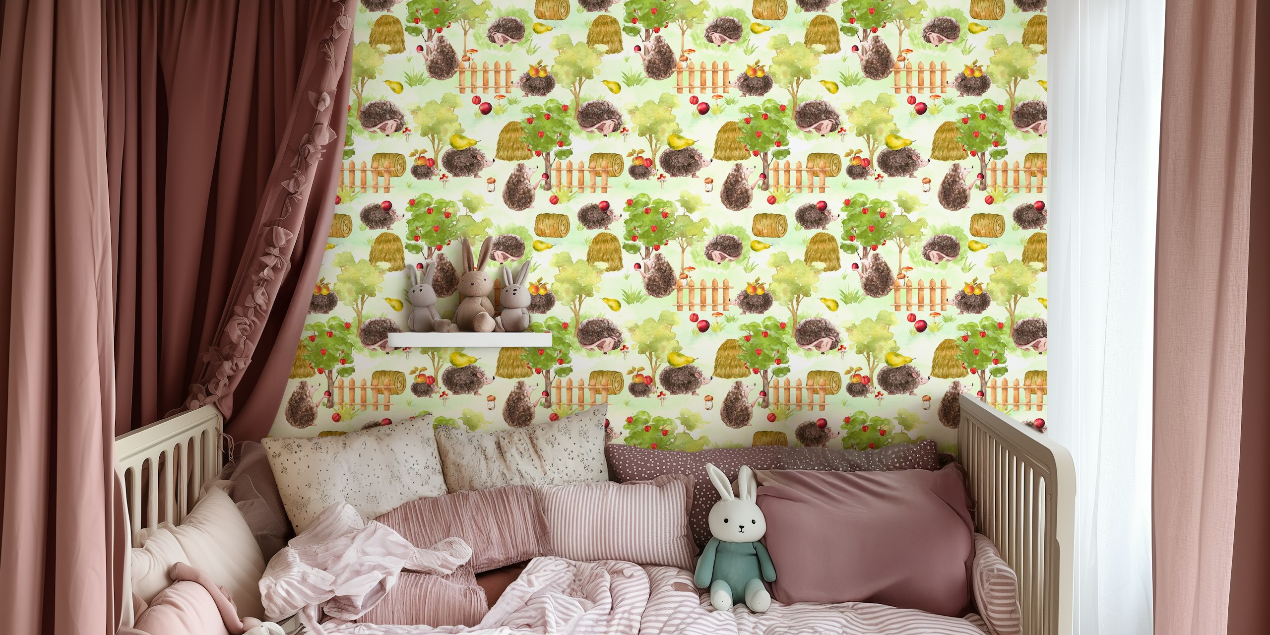 Papier peint mural hérissons cueillant des pommes aux couleurs pastel