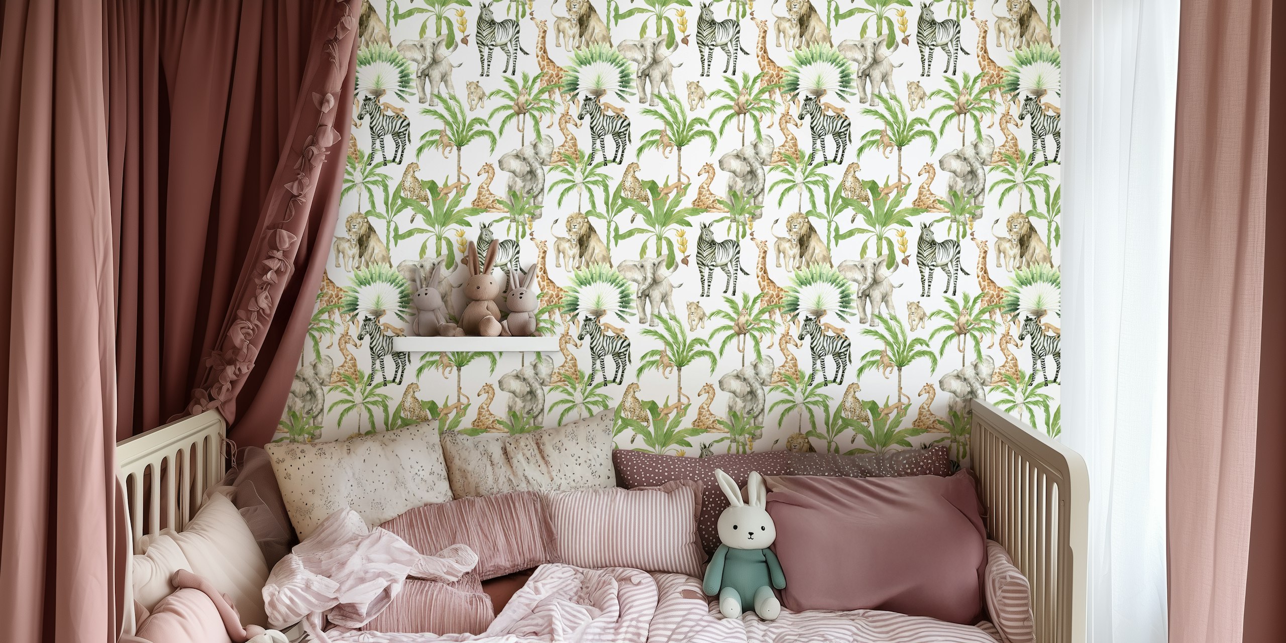 Various jungle animals including elephants, giraffes, zebras, and monkeys among tropical greenery wallpaper