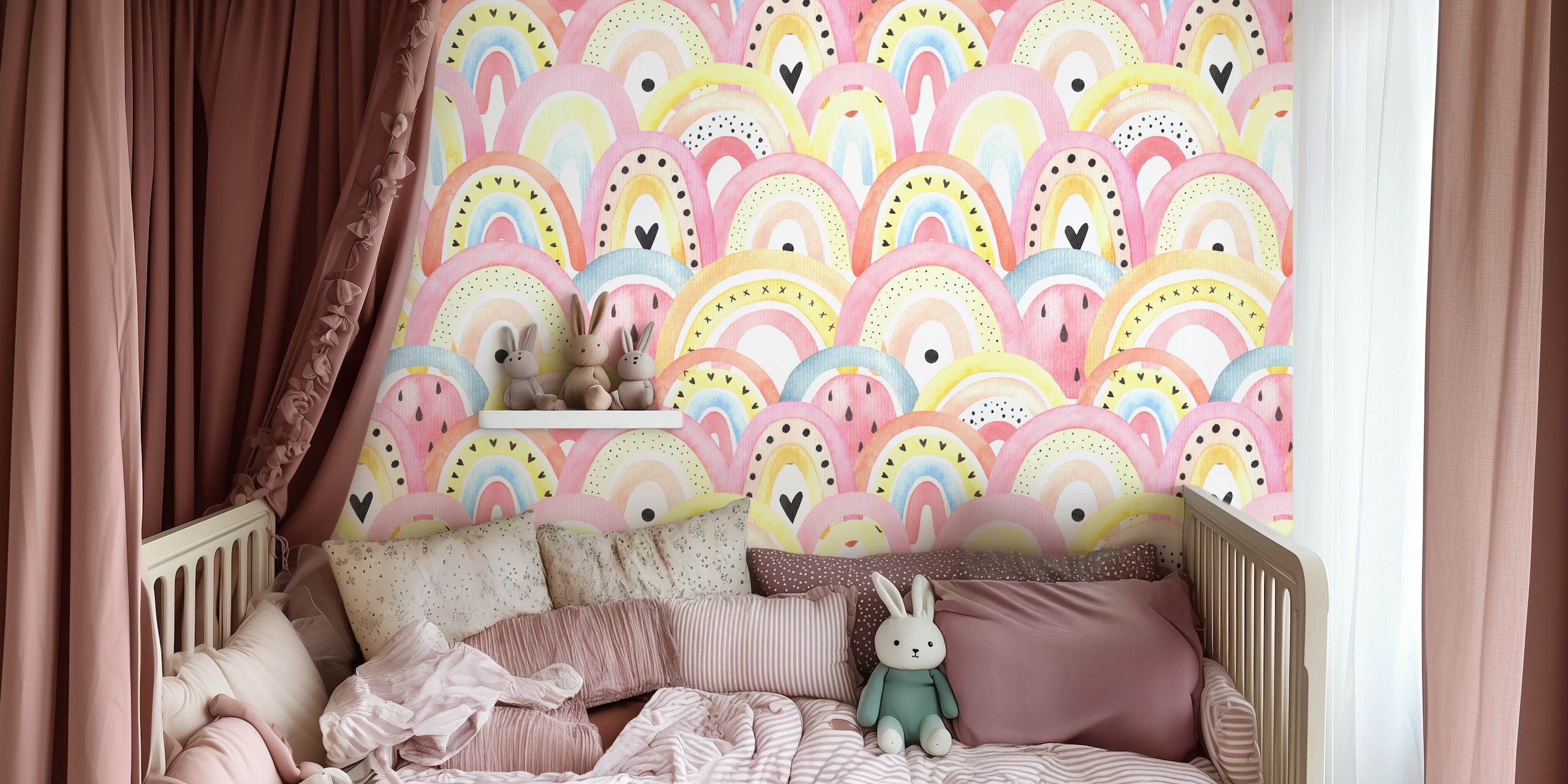 Colorful pastel rainbow patterns with polka dots and hearts wall mural